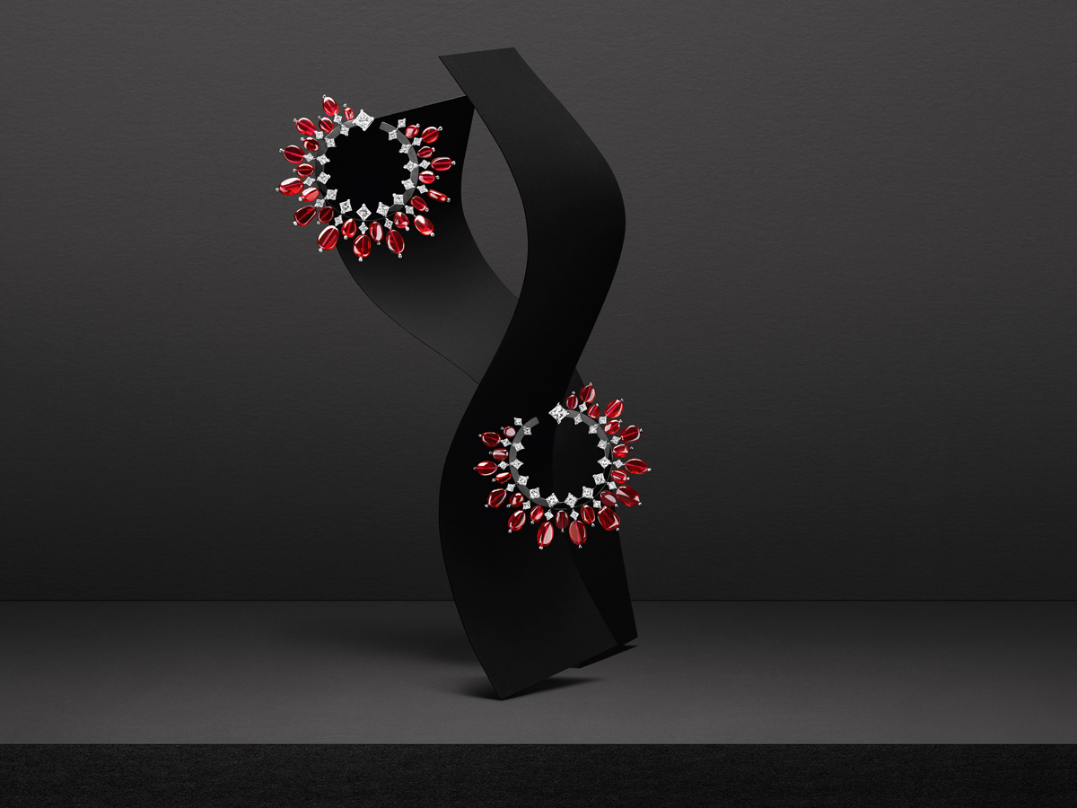 Tiares hoop earrings by Alexandre Reza which feature 50 natural rubies – weighing a total of 43.31 – and diamonds in black gold