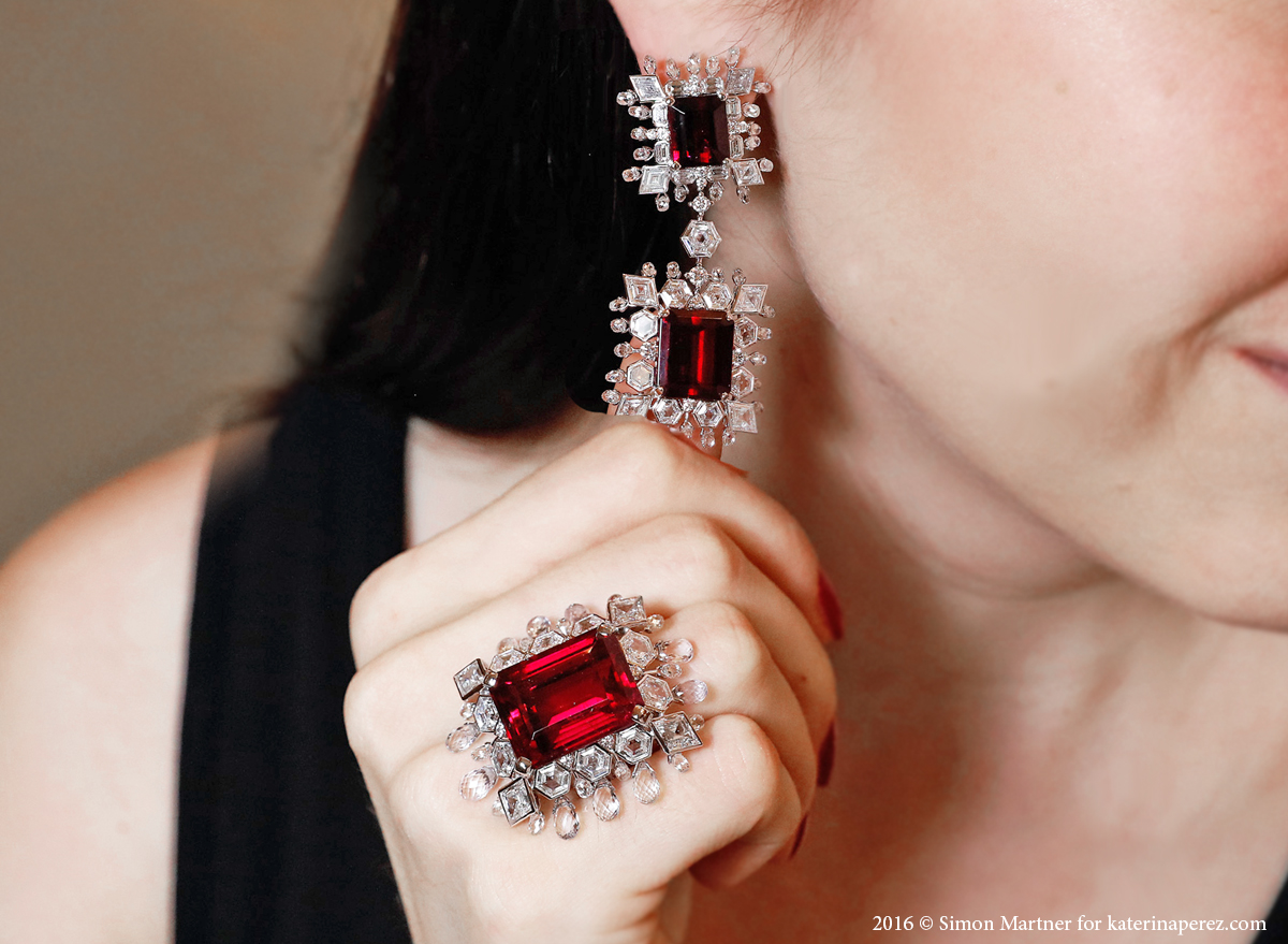 Anna Hu ring and earrings with rubellites and diamonds