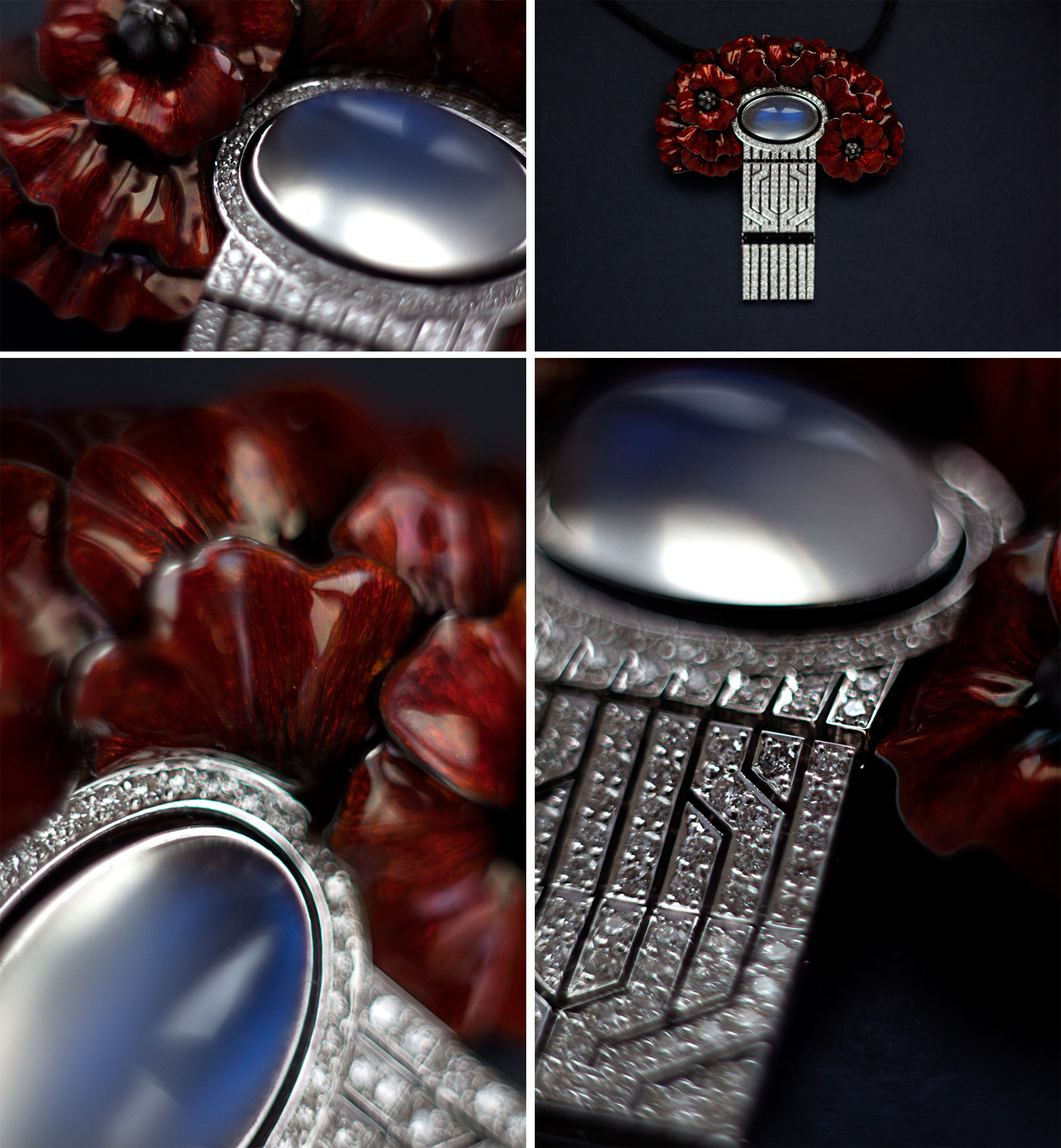 Кулон «Маки» с лунным камнем, бриллиантами и и эмалью от Ильгиза Фазулзянова