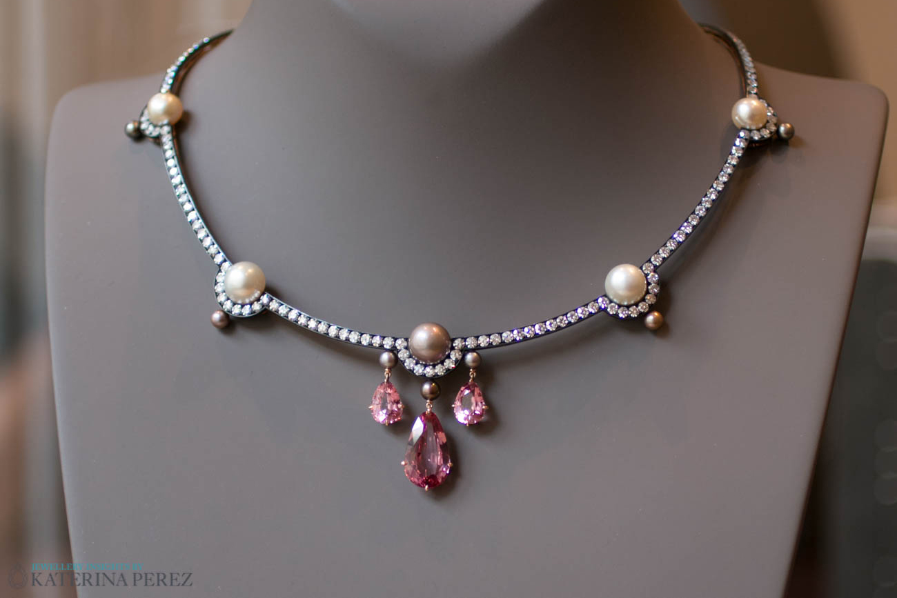 Nadia Morgenthaler necklace with pearls, diamonds and spinels without the chain embellished with rock crystal