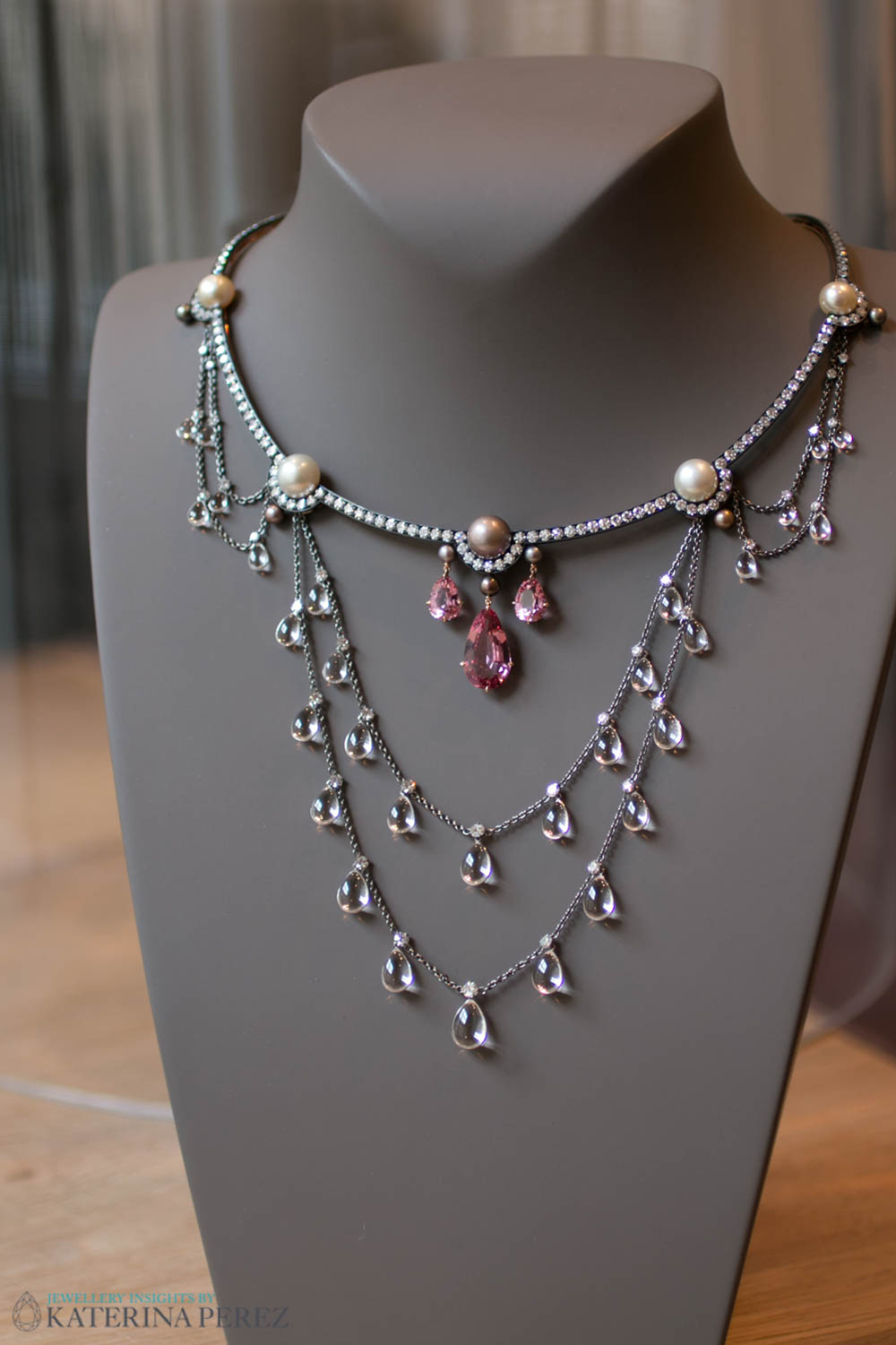 Nadia Morgenthaler necklace with pearls, diamonds and spinels with the chain embellished with rock crystal drops