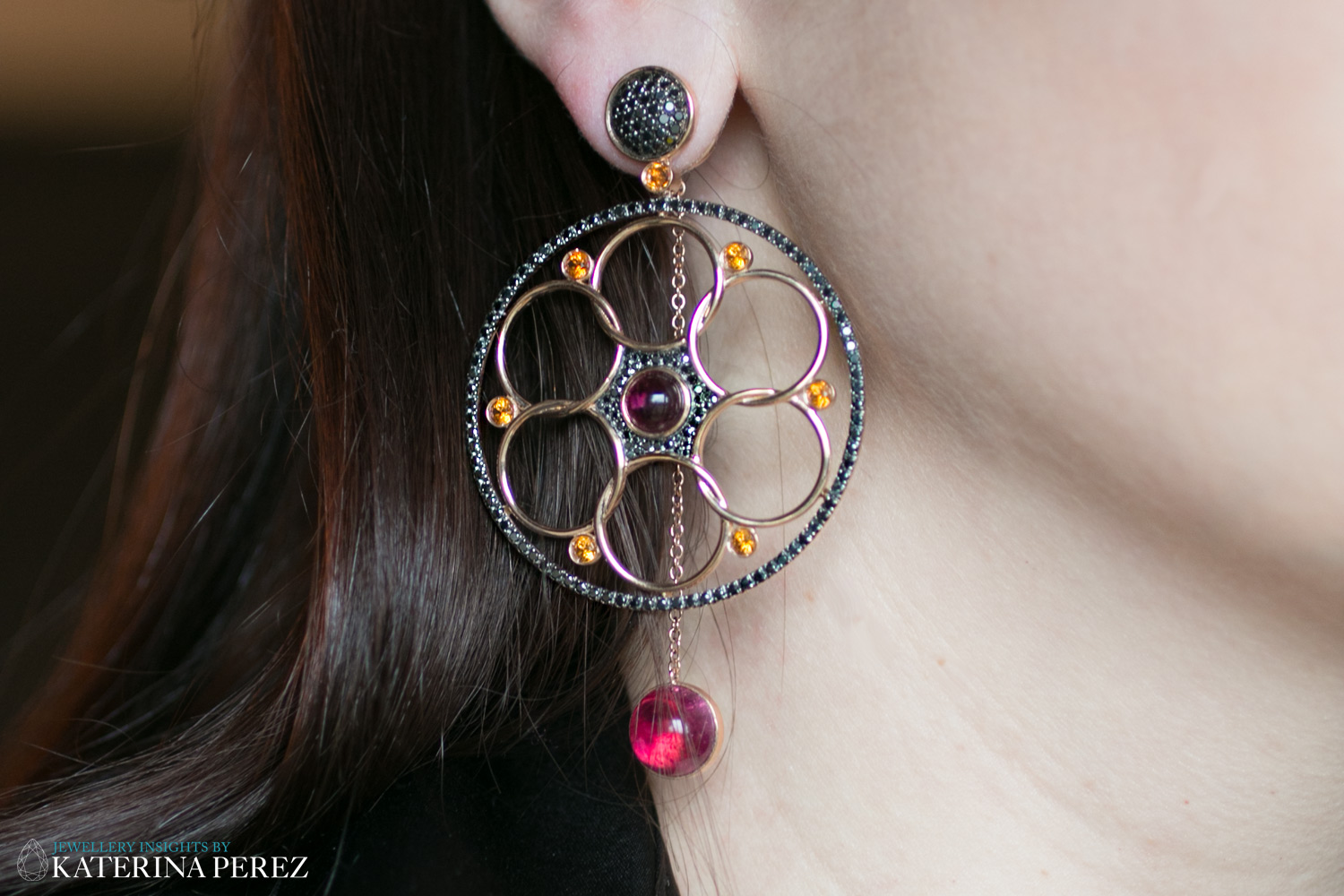 Lily Gabriella earrings from Damali collection with black diamonds, rubellites and topaz
