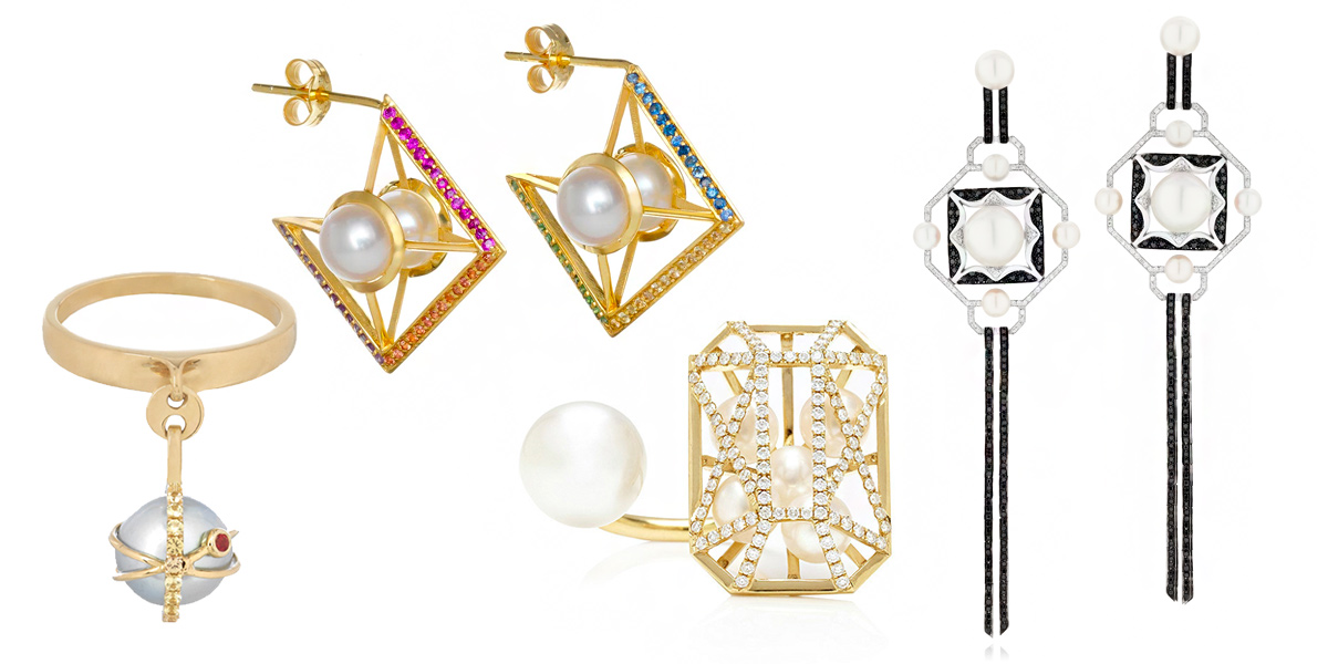 From left: Ikuria White Pearl Charm Ring with yellow sapphires and tsavorite. Sammie Jo Coxon Milky Way earrings. Melanie Georgacopoulos Caged Ring with diamonds and pearls. Sarah Ho Couture Origami Noir white gold earrings, set with white and black diamonds and South Sea pearls