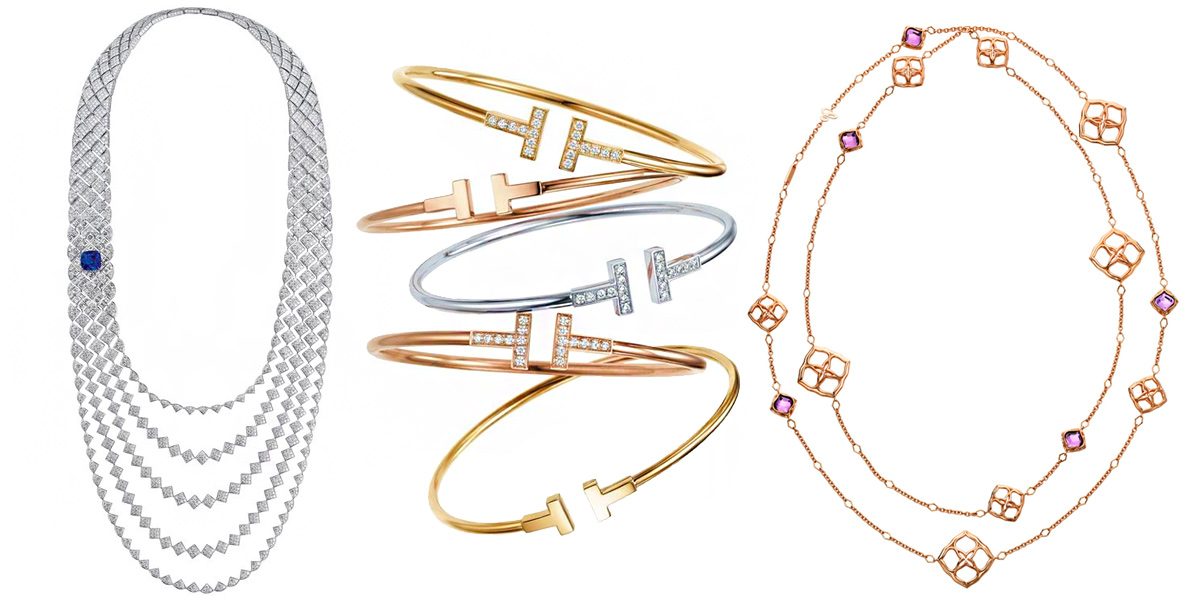 From Left: Signature de Saphir Necklace by Chanel featuring 21 cts sapphire. Tiffany&Co T bracelets in white, yellow and rose gold. Chopard Imperiale Lace Sautoir Necklace 18-carat rose gold and amethysts