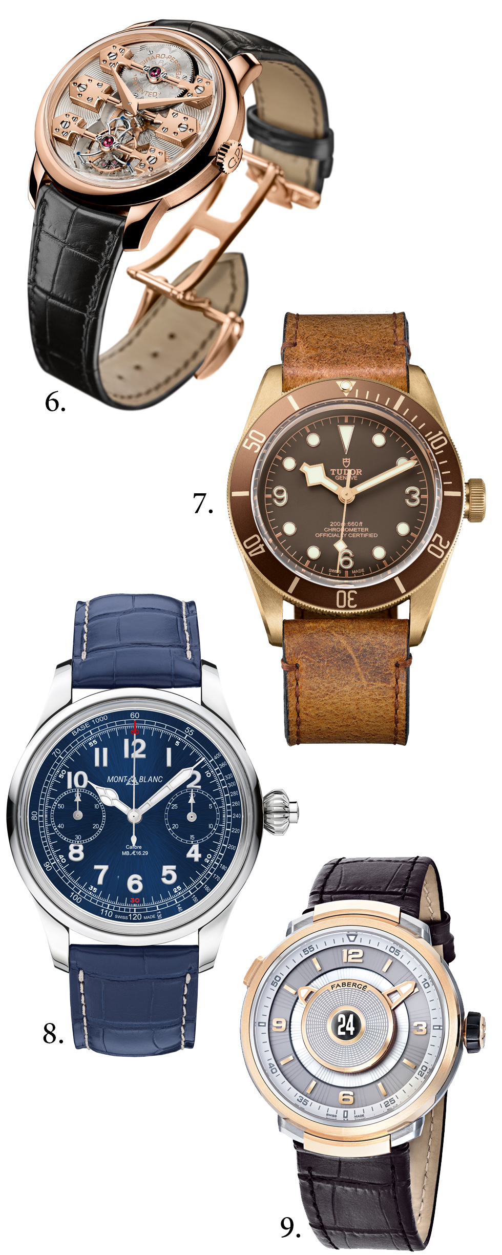 6. Лучшие часы с турбийоном: модель Girard-Perregaux, La Esmeralda Tourbillon; 7. “Petite Aiguille”: модель Tudor, Heritage Black Bay Bronze; 8. Лучший хронограф: модель Montblanc, 1858 Chronograph Tachymeter Limited Edition; 9.Лучшие часы для путешествий: модель Fabergé, Fabergé Visionnaire DTZ