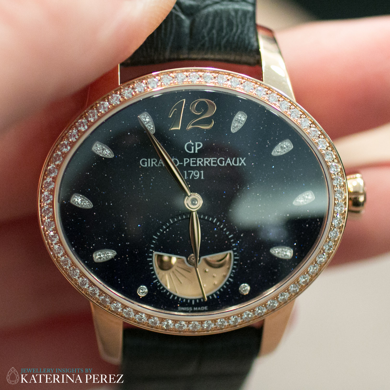 Girard Perregaux Cats Eye Watch in 18k Rose with Coloured Aventurine Dial surrounded by Diamonds