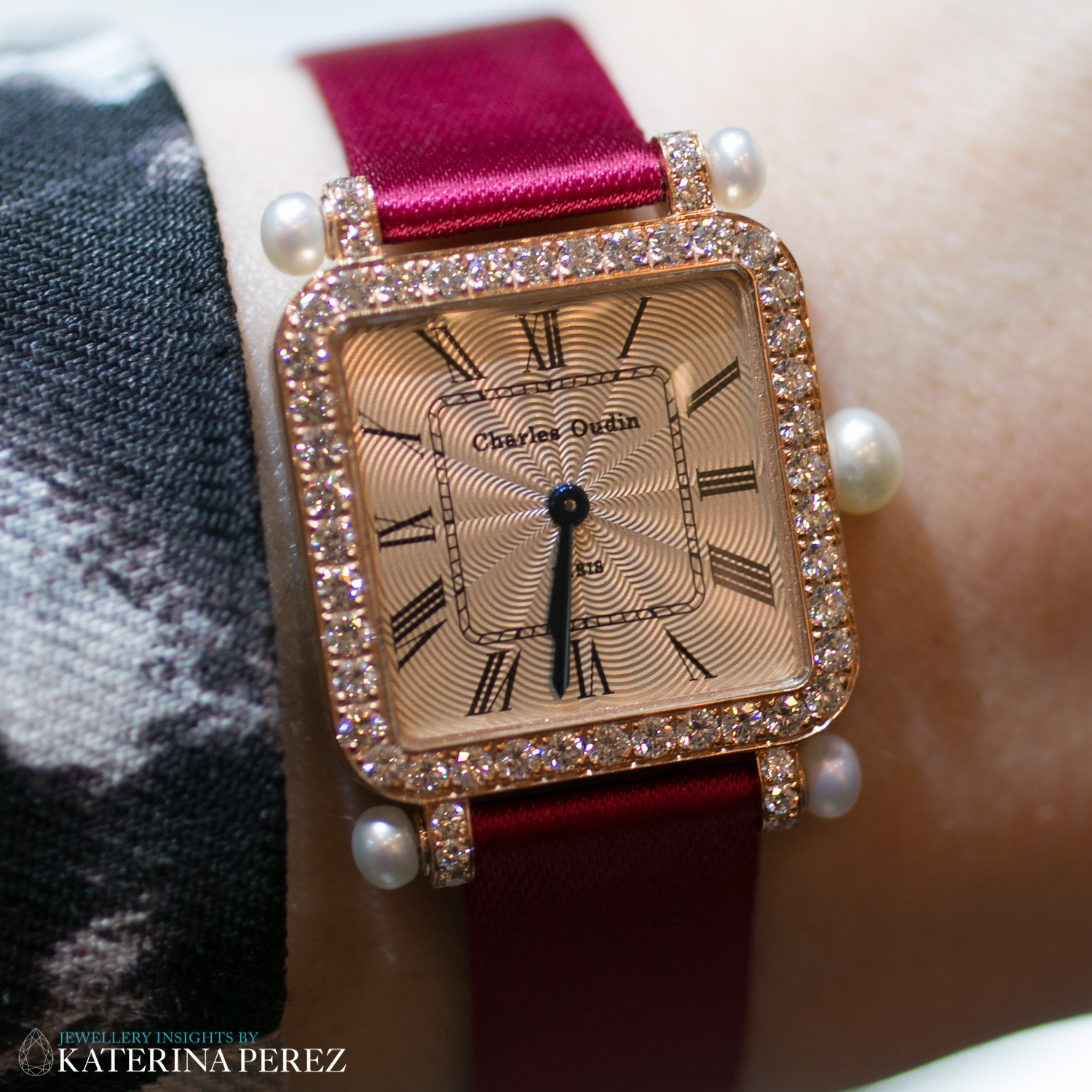  Charles Oudin Pansy with Pearl Watch in 18k Rose Gold with Fresh Water Pearls and Diamonds