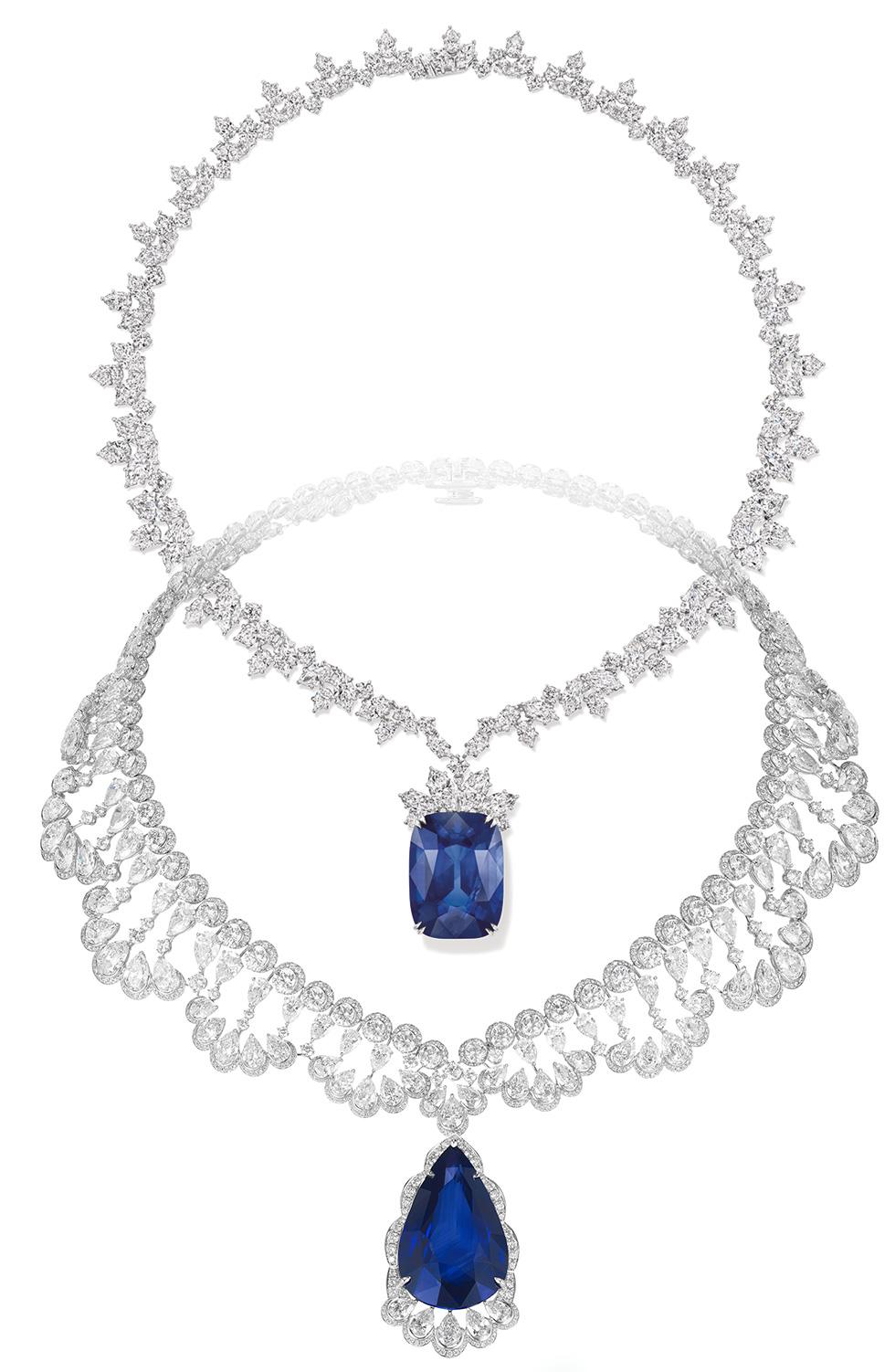 On top: Harry Winston necklace with 68.79 cts cushion-cut sapphire and diamonds. On bottom: Chopard necklace with a 60 cts pear-shaped sapphire and diamonds