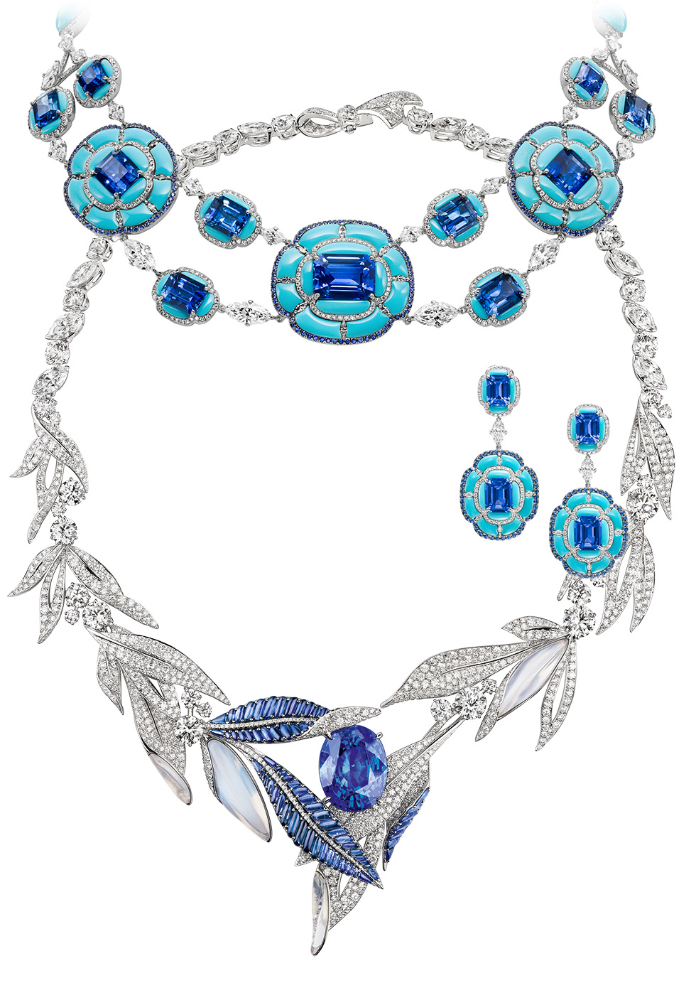 Boghossian necklace and earrings with sapphires and turquoise on the top and Chaumet necklace with an oval 36.34 cts sapphire on the bottom