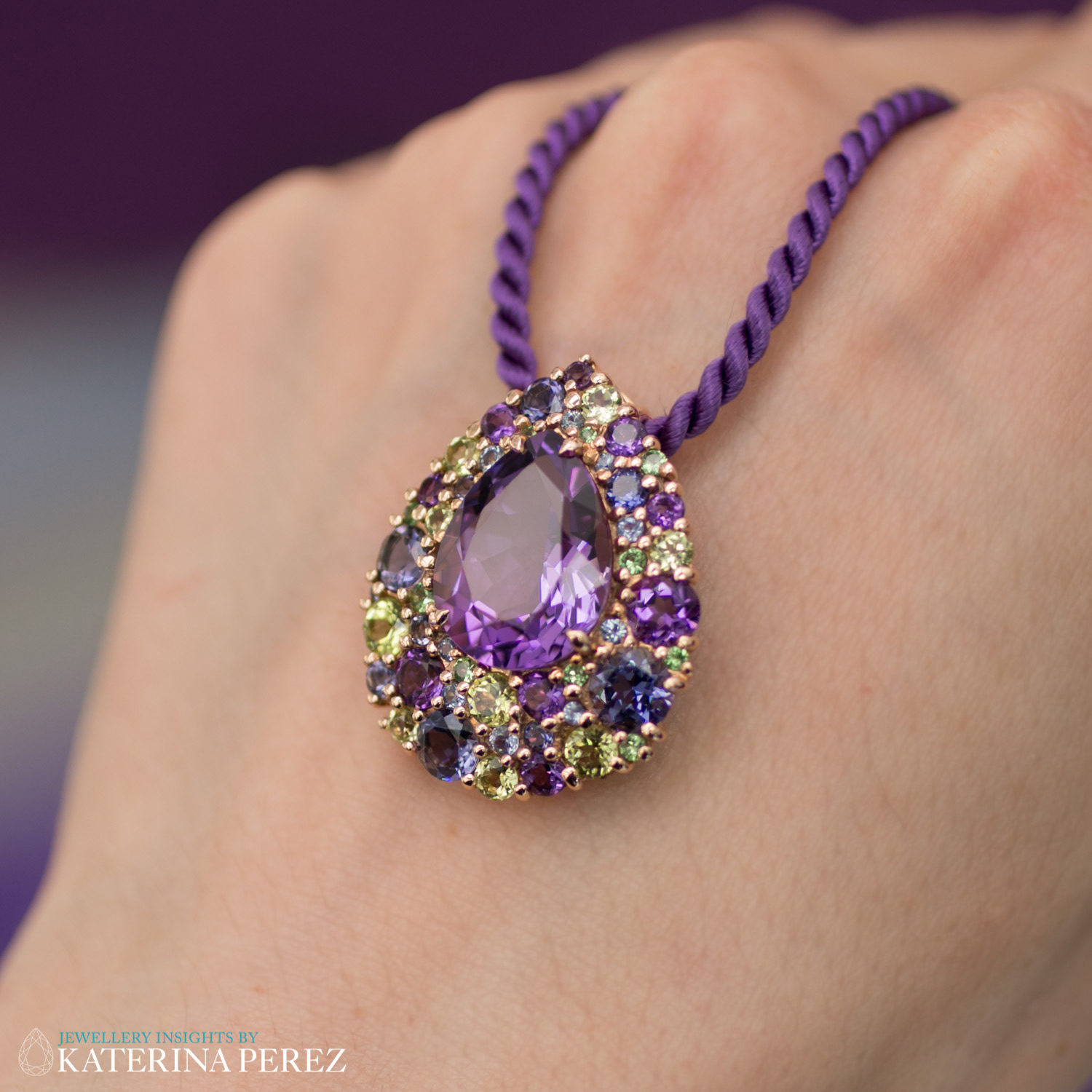  Isabelle Langlois pendant with a pear-cut amethyst, sapphires and peridots, £3,700