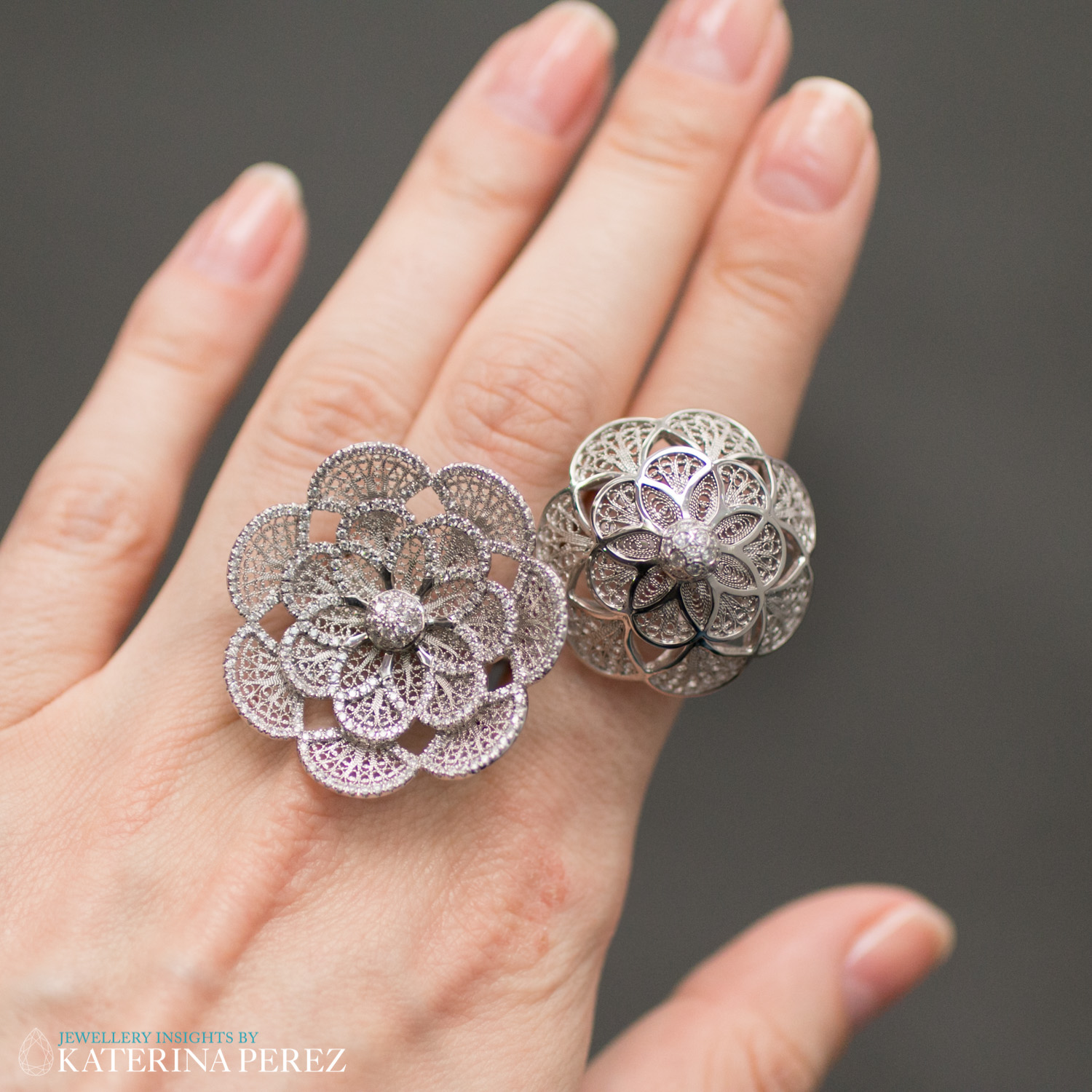  Eleuterio white gold and diamonds filigree flowers, £2253 for the right one and £7517 for the diamond encrusted on the left