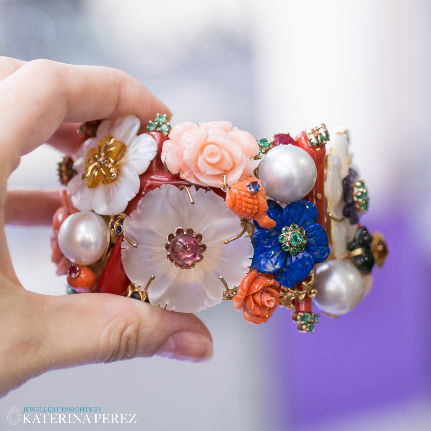  Luigi Ferrara Floral bracelet with carved rock crystal, coral, lapis lazuli, mother-of-pearl and a variety of precious stones – £14,000
