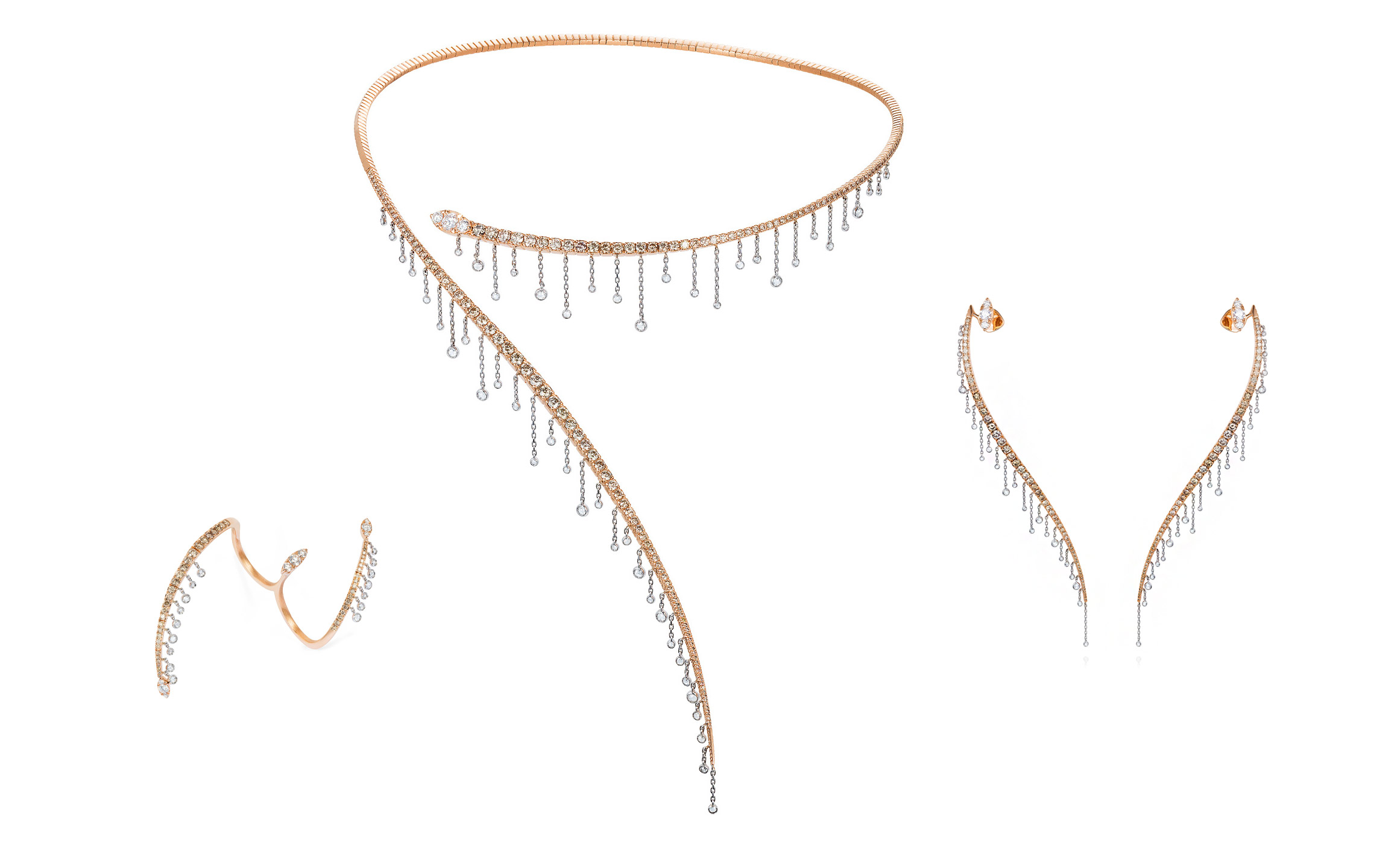 Rose gold and diamonds earrings, flexible necklace and a ring from Mike Joseph Waterfall collection