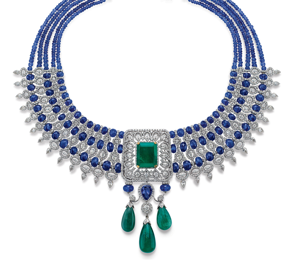 House of Rose necklace with tanzanites, emeralds and diamonds