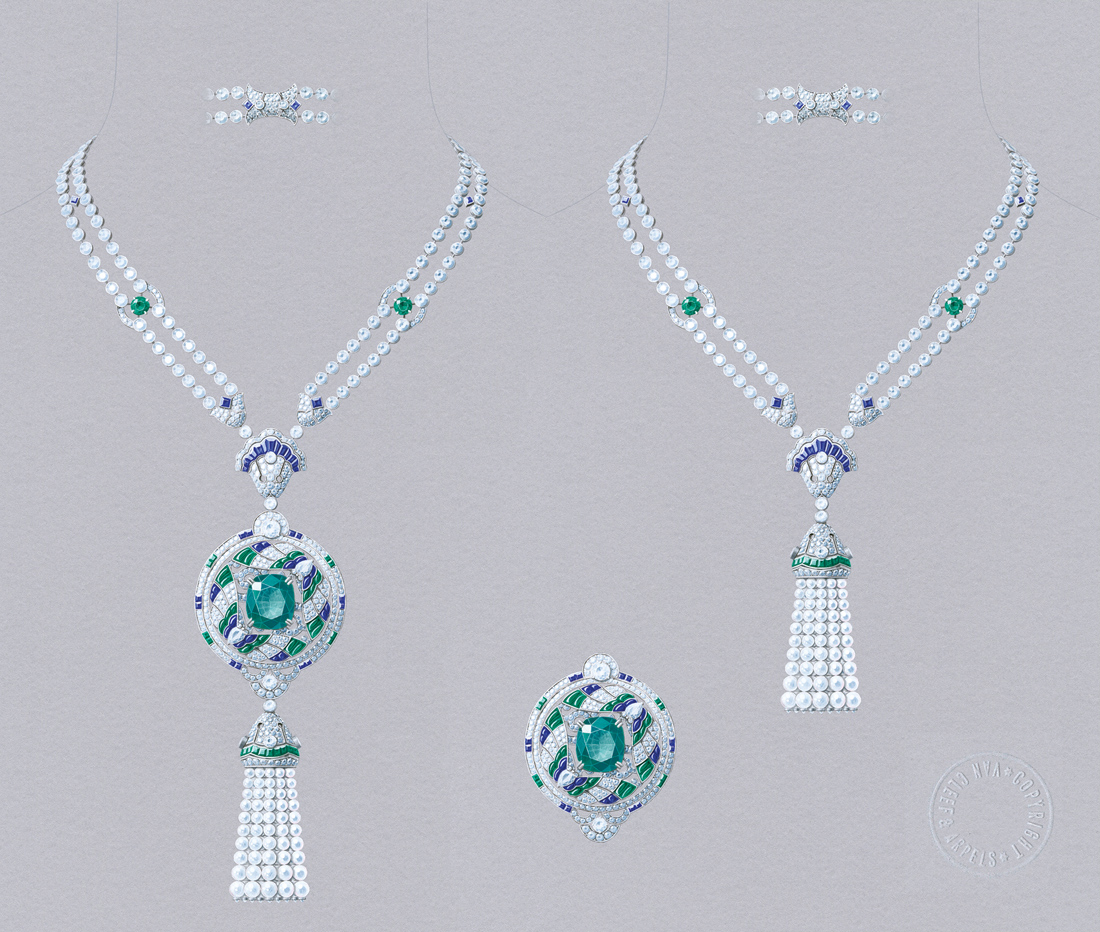 Van Cleef&Arpels Talisman Papillon necklace. White gold, round diamonds, square-cut, faceted and buff-topped baguette-cut sapphires, round, square-cut, faceted and buff-topped baguette-cut emeralds, white cultured pearls, one cushion-cut emerald of 16.52 carats (Colombia). Detachable clip and tassel