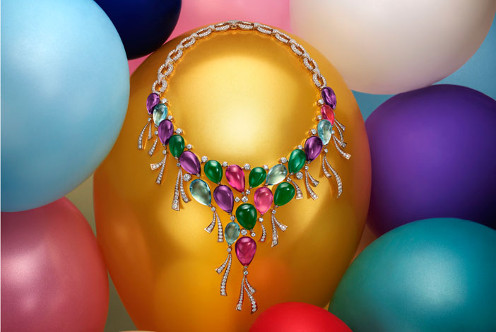  PALLONCINI - High Jewellery necklace in pink gold with aquamarine, amethysts, emeralds, pink tourmalines, round diamonds and pavé-set diamonds.