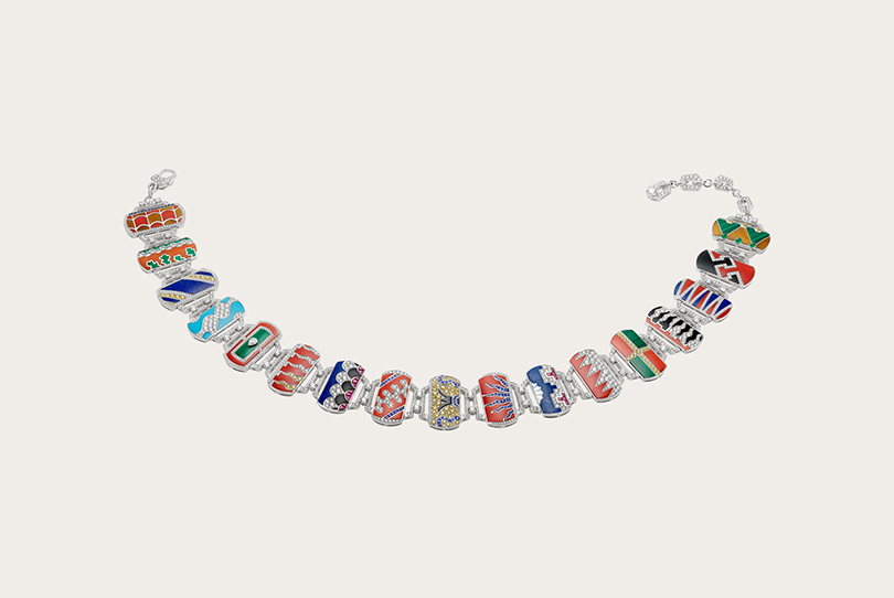  IL PALIO DI SIENA - High Jewellery necklace in white gold with malachite, tiger eyes, coral, onyx, lapis, mother of pearls and turquoise, diamonds, emeralds, rubies, sapphires.