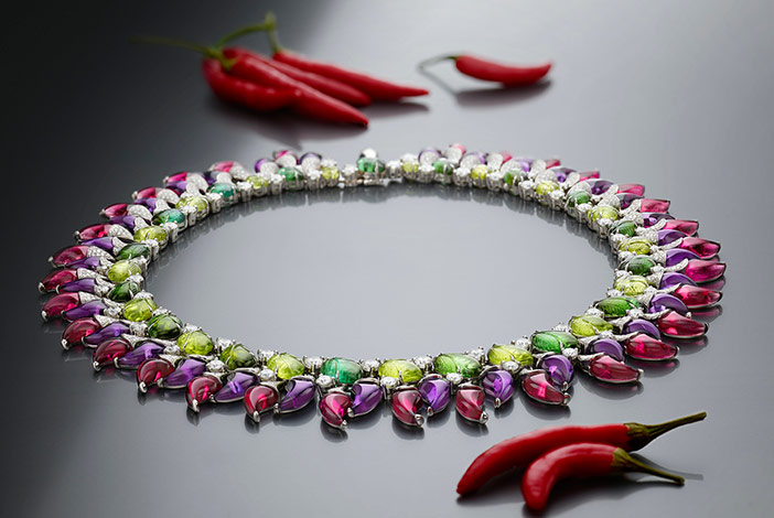 PEPERONCINI - High Jewellery necklace in platinum with  green tourmalines (59.08 ct), rubellites (69.04 ct) amethysts (63.29 ct), round and pavé diamonds.