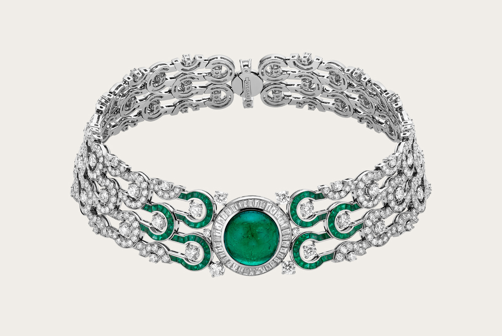  DANCING GOUNS - High Jewellery necklace in platinum with 1 cabochon Colombia emerald (26.54 ct), round brilliant cut diamonds (14.50 ct), buff-top emeralds (4.55 ct),  baguette diamonds (3.09 ct), round brilliant cut diamonds and pavé diamonds (28.67 ct).