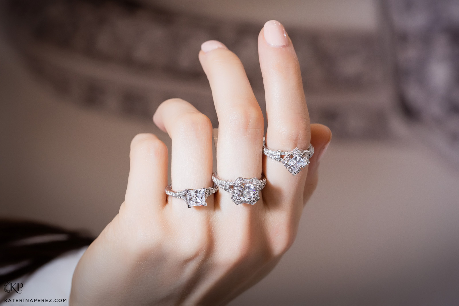 Karl Lagerfeld Tour Eiffel inspired engagement rings with 1 carat and two 1.5 carat centre diamonds. Photo by Simon Martner.