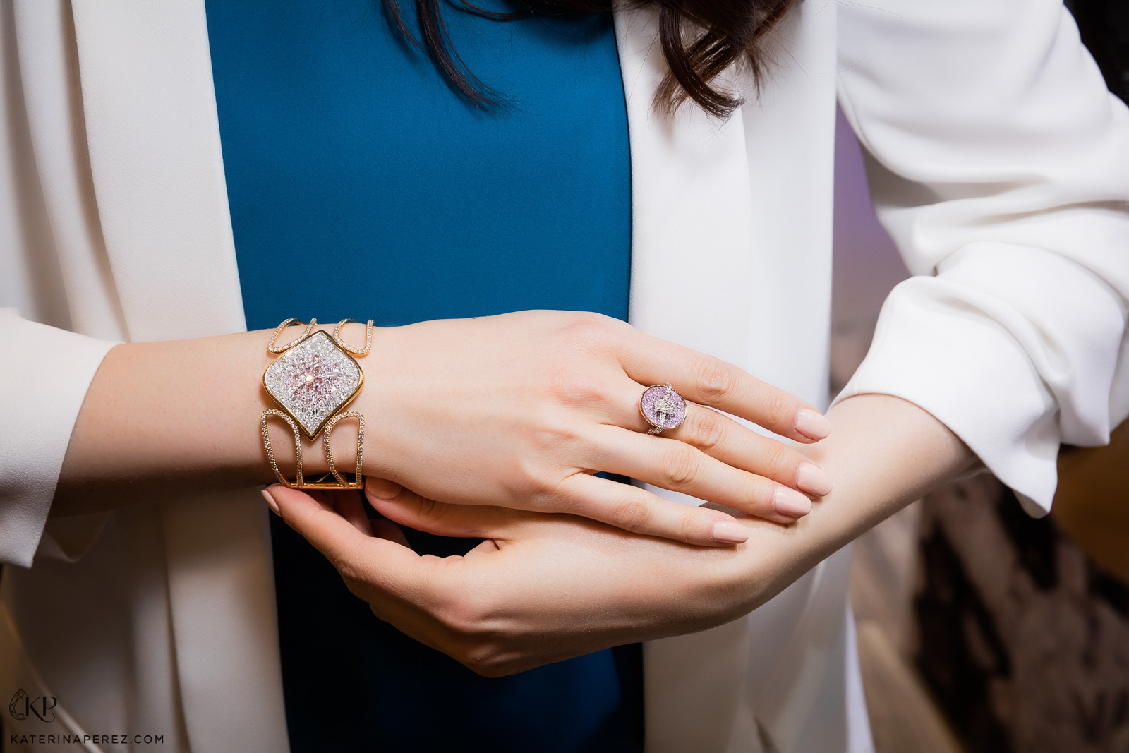  Pleve cuff bracelet with 9.5cts of pink and white diamonds and pink diamond ring with 2.75 cts of diamonds. Photo by Simon Martner.