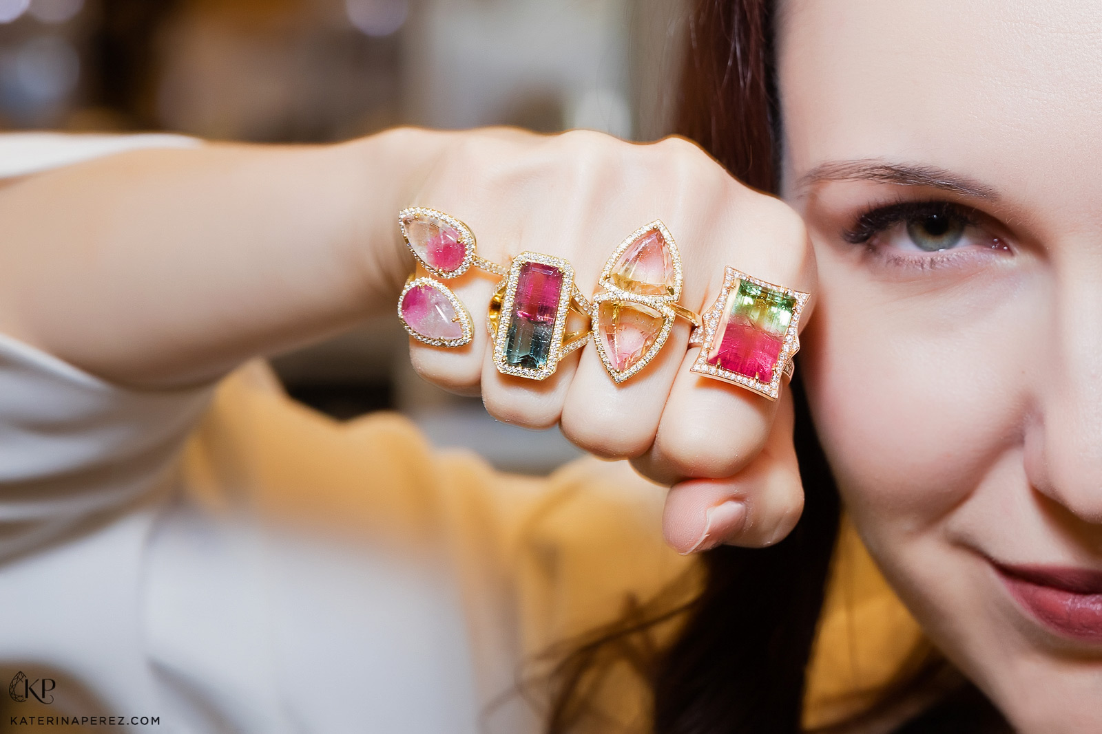 Lauren K watermelon tourmaline rings with centre stones of 8.26 cts, 8.88 cts, 6.45 cts and 15.93 cts. Photo by Simon Martner.
