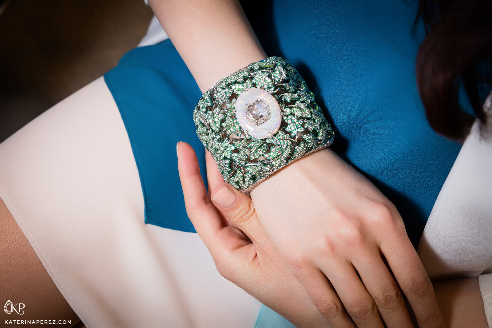 Busatti cuff bracelet with opal, 10cts diamond in the centre and 79.90 cts of diamonds set in titanium. Photo by Simon Martner.