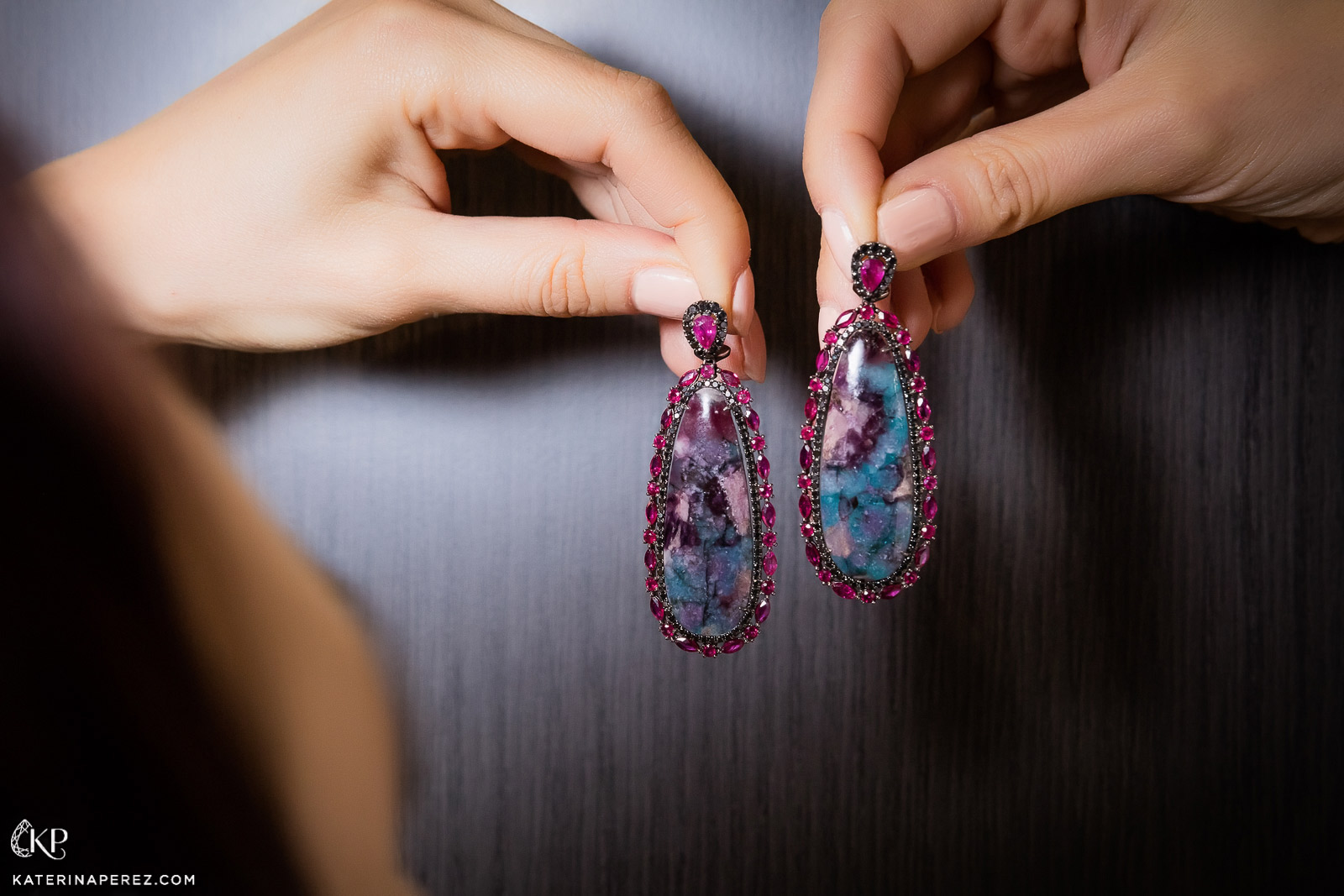 Graziela Gems paraiba slice and ruby earrings. Photo by Simon Martner.