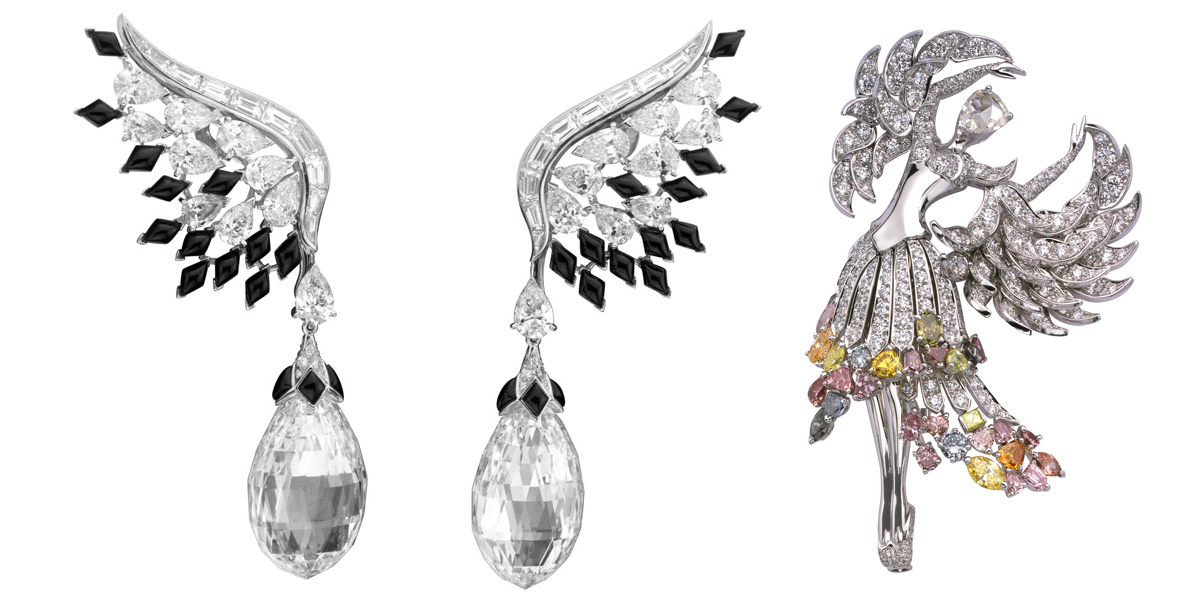 Left: Van Cleef&Arpels Bals de Légende collection earrings with onyx and diamonds. Right: Van Cleef&Arpels Isadora clip