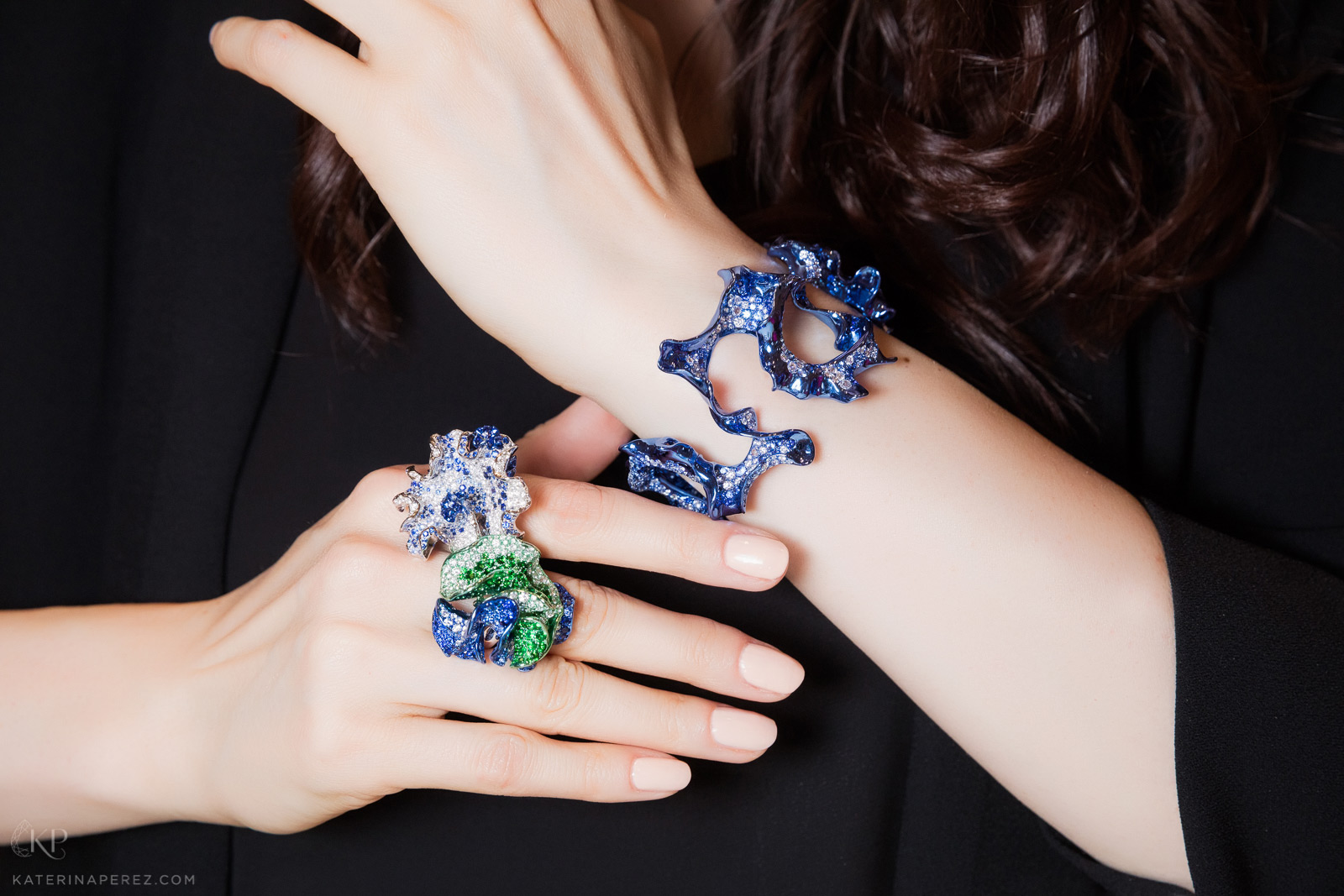 Neha Dani Cadence collection bracelet and rings with diamonds. Photo by Simon Martner