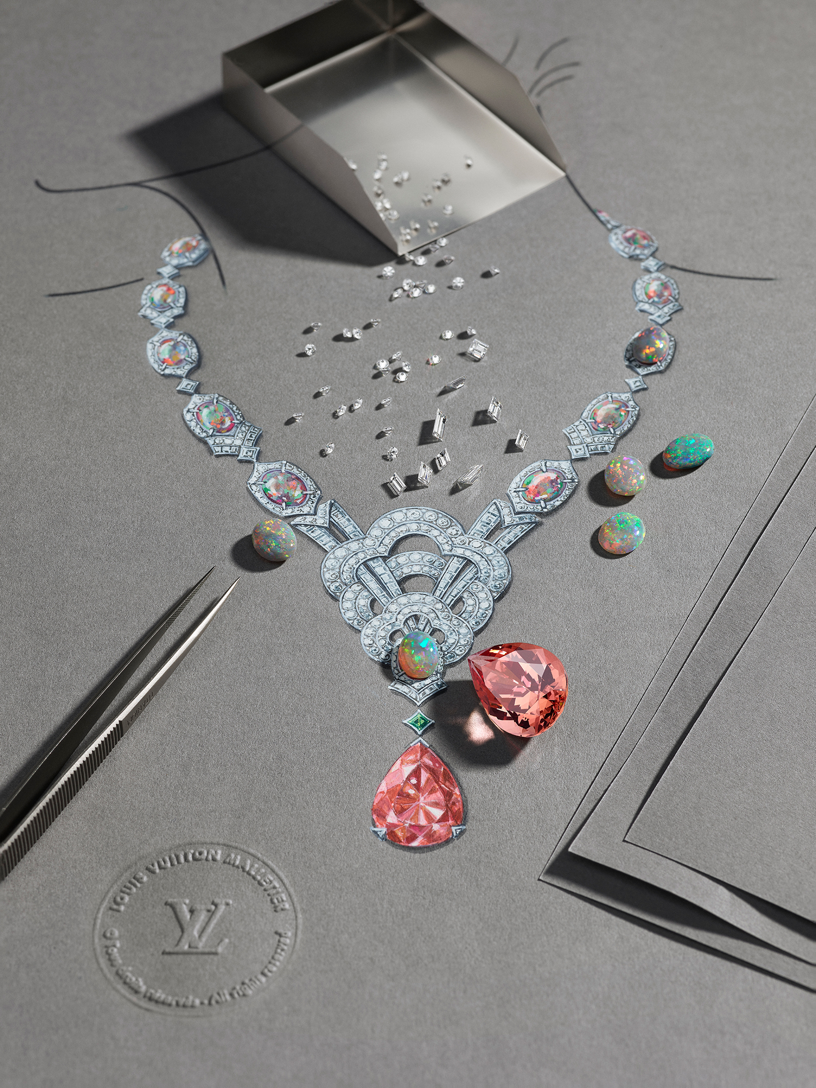  The making of Louis Vuitton Conquêtes necklace with 37.07cts Imperial Topaz and 17 opals