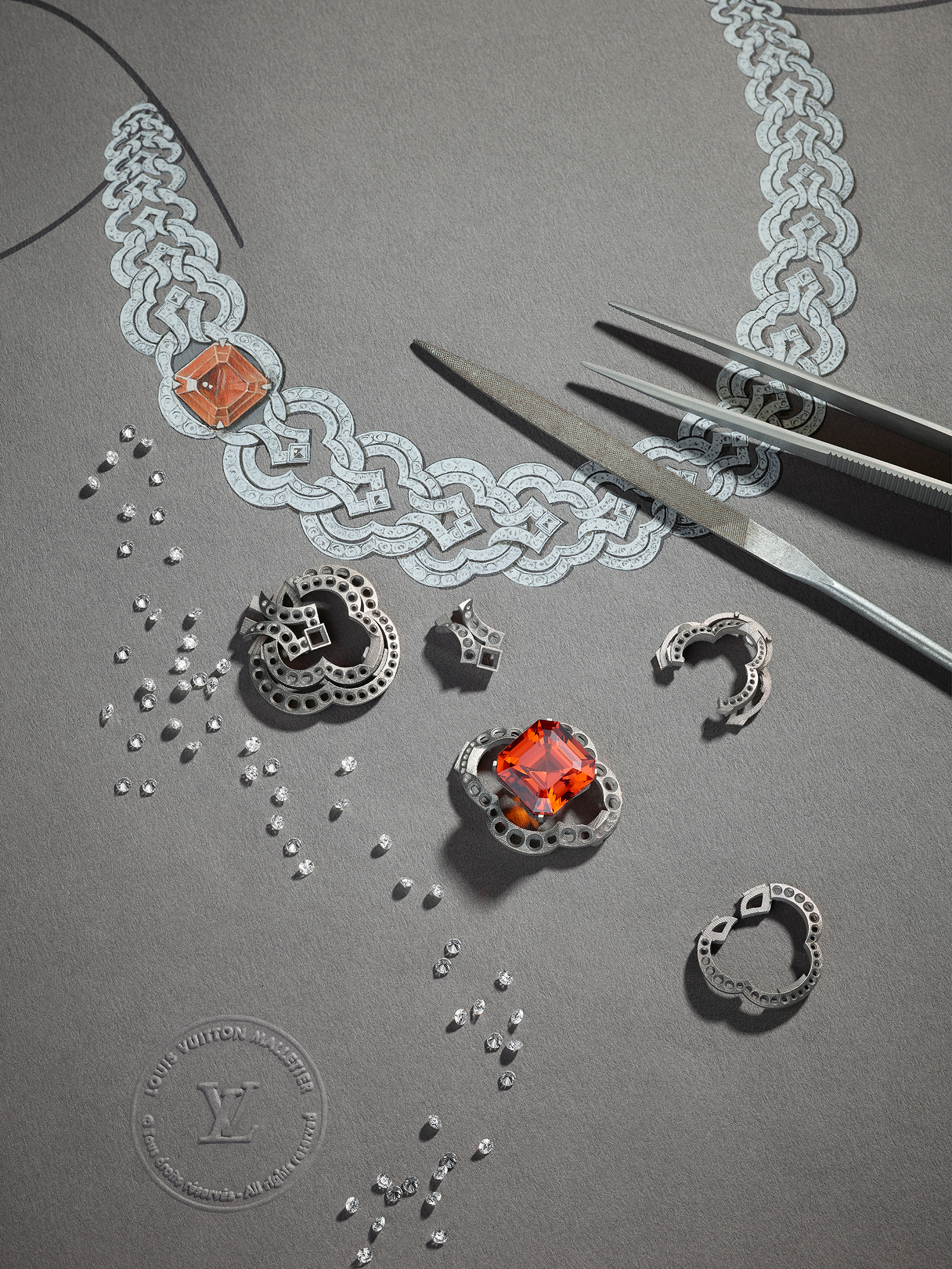  Louis Vuitton Conquêtes Mandarin Garnet necklace in the making