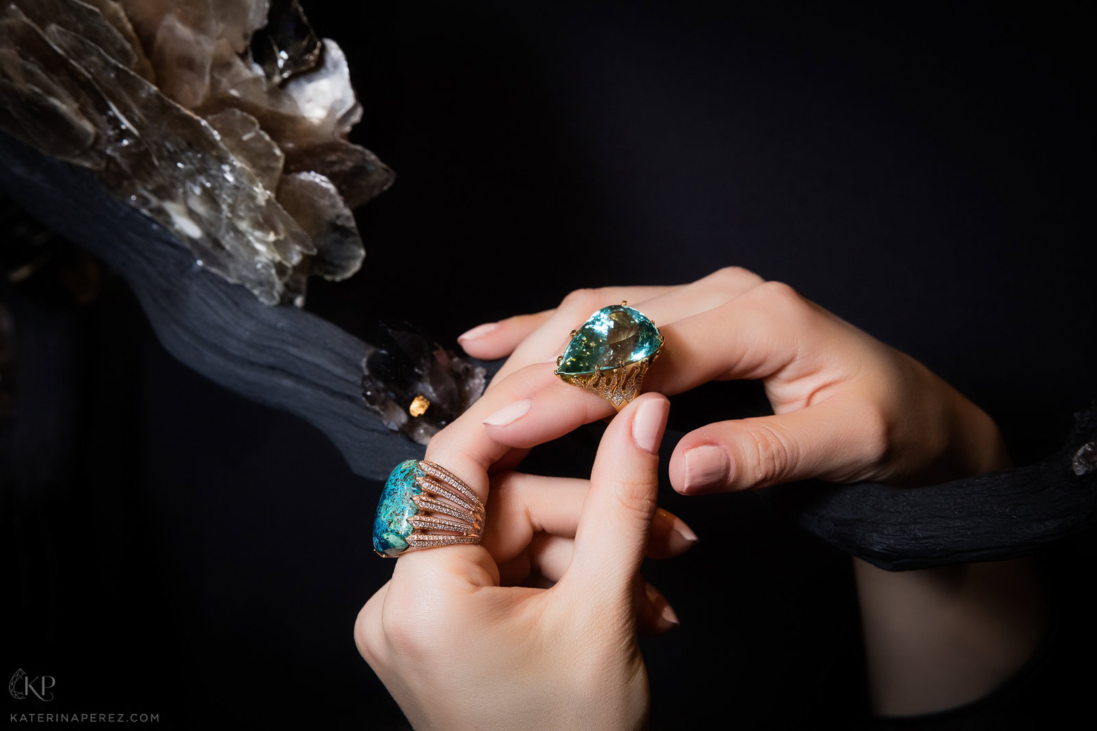 Karma el Khalil cocktail rings with aquamarine and chrysocolla. Photo credit: Simon Martner