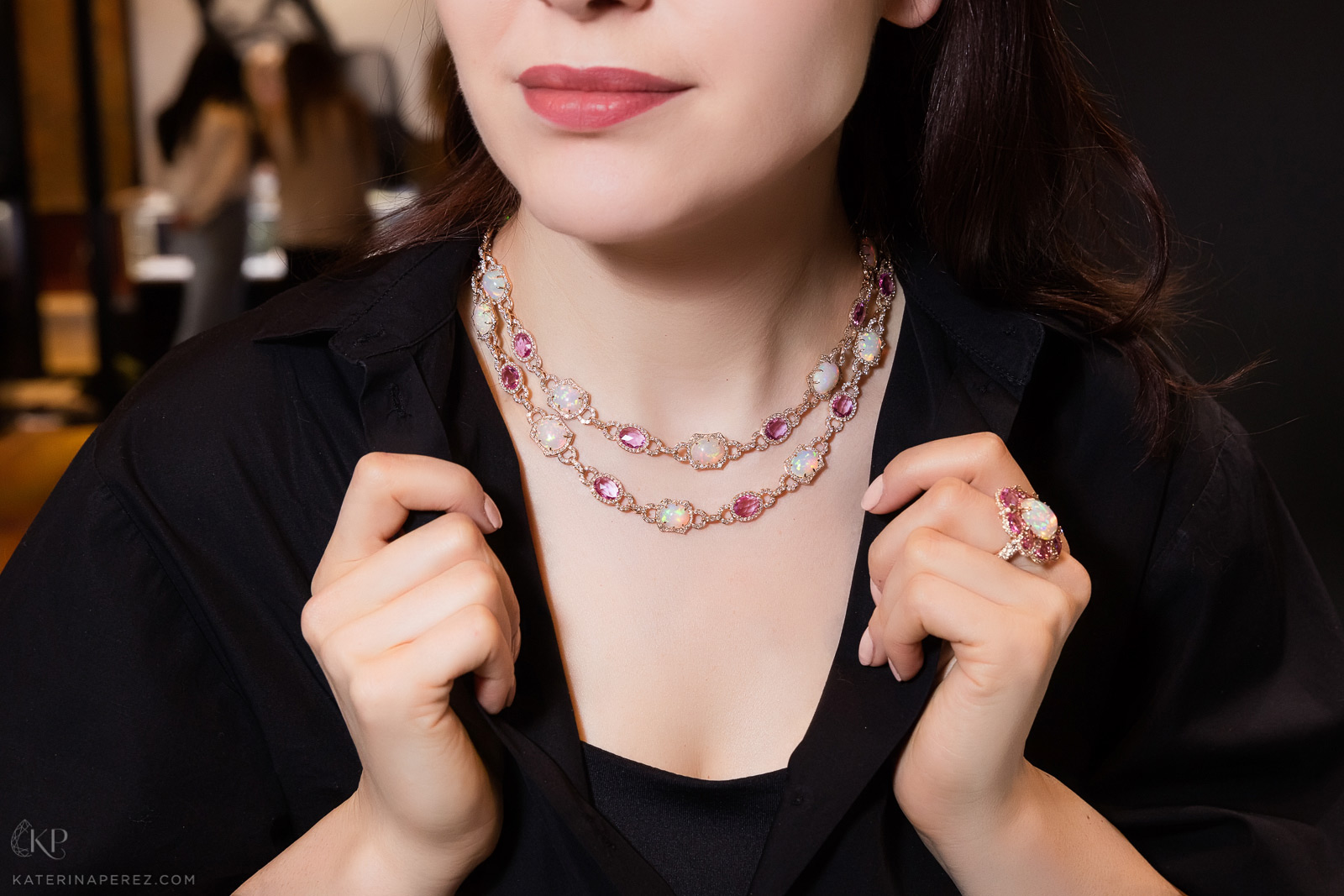 Sutra necklace and ring with opals and pinks sapphires. Photo credit: Simon Martner