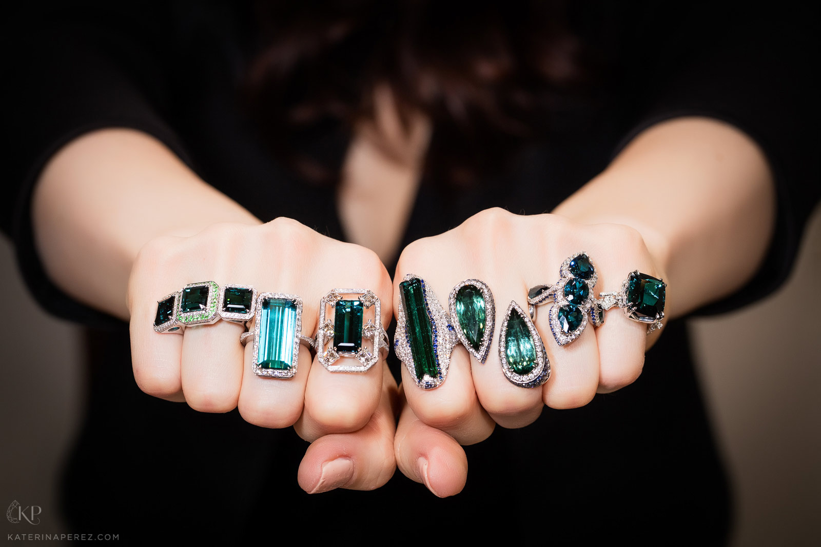 Inbar Jewellery rings with green tourmalines and diamonds. Photo credit: Simon Martner
