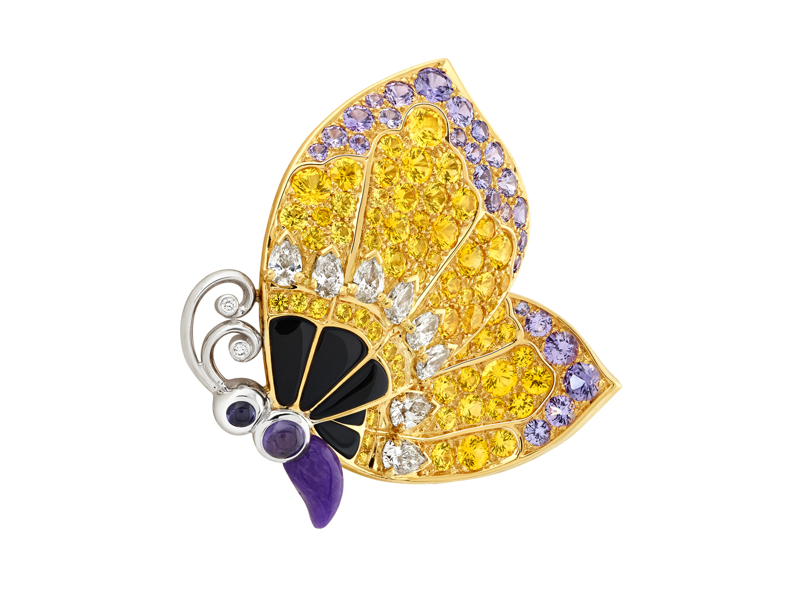  PÉTALE DE PAPILLON CLIP - Yellow gold, white gold, diamonds, yellow and mauve sapphires, emeralds, spessartite and tsavorite garnets, onyx, sugilite