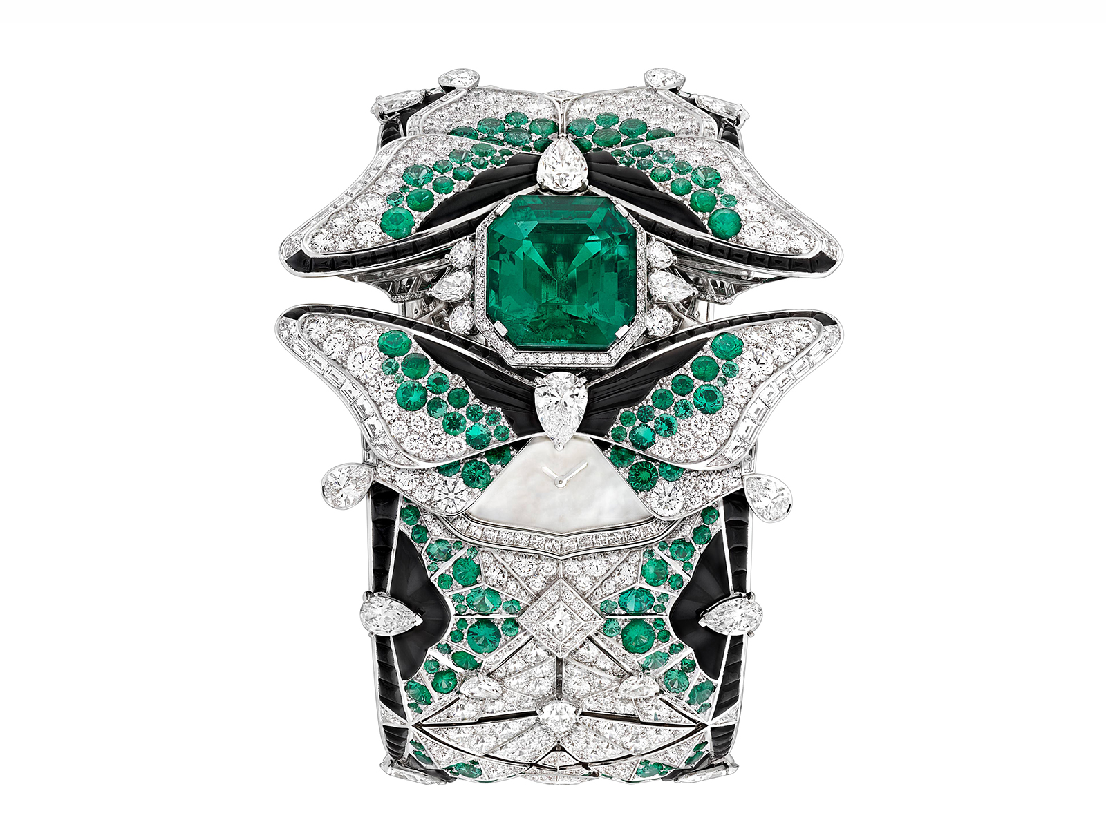  MONTRE PAPILLON SECRET - White gold, diamonds, emeralds, black spinels, onyx, white mother-of-pearl, an emerald-cut emerald of 14.57 carats (Colombia), manual-winding mechanical movement