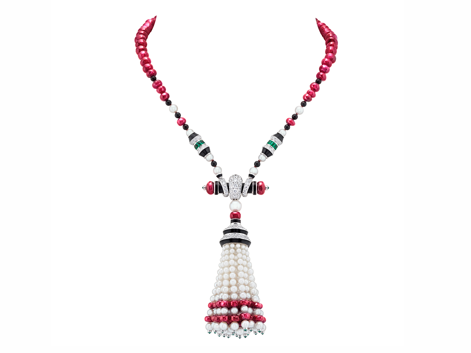  OISEAU SUR LA BRANCHE LONG NECKLACE -  White gold, yellow gold, emeralds, rubies, blue and pink sapphires, onyx, white cultured pearls, 240 ruby beads for a total of 567.14 carats (Burma)