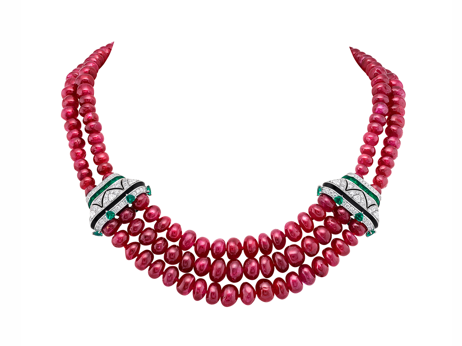  OISEAU SUR LA BRANCHE LONG NECKLACE -  White gold, yellow gold, emeralds, rubies, blue and pink sapphires, onyx, white cultured pearls, 240 ruby beads for a total of 567.14 carats (Burma)