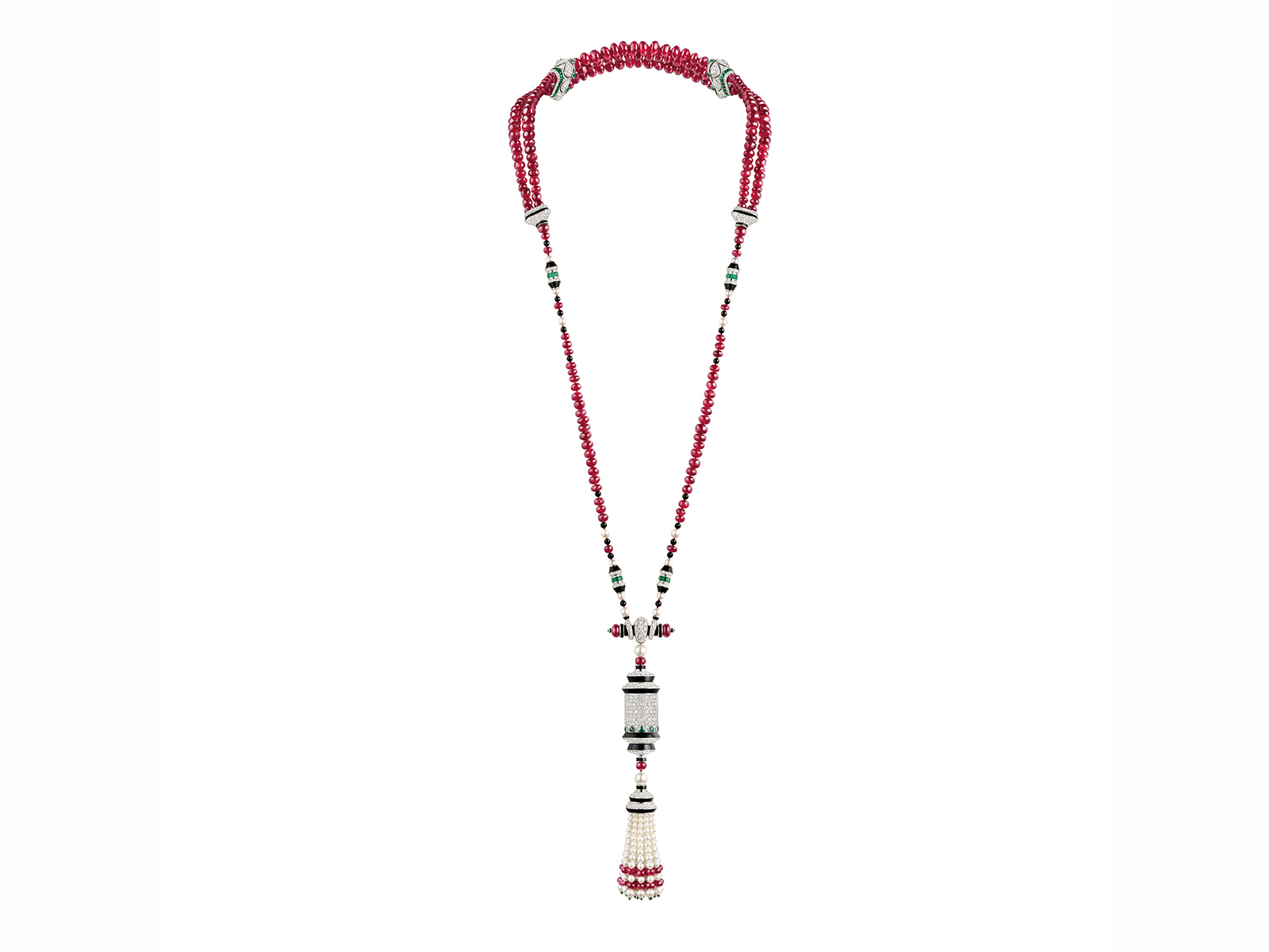  OISEAU SUR LA BRANCHE LONG NECKLACE -  White gold, yellow gold, emeralds, rubies, blue and pink sapphires, onyx, white cultured pearls, 240 ruby beads for a total of 567.14 carats (Burma)