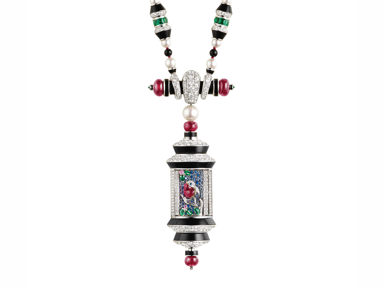   OISEAU SUR LA BRANCHE LONG NECKLACE - White gold, yellow gold, emeralds, rubies, blue and pink sapphires, onyx, white cultured pearls, 240 ruby beads for a total of 567.14 carats (Burma)