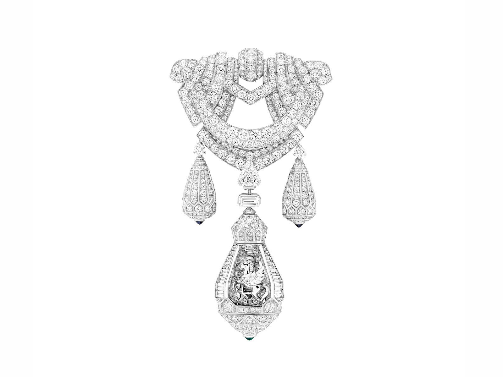  PÉGASE NECKLACE - White gold, diamonds, emeralds, sapphires, an emerald-cut sapphire of 45.10 carats (Sri Lanka)