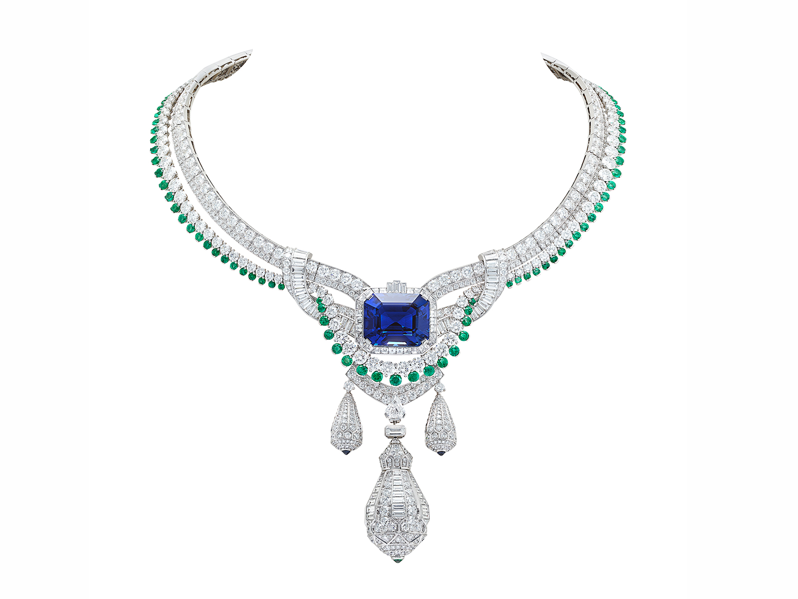  PÉGASE NECKLACE - White gold, diamonds, emeralds, sapphires, an emerald-cut sapphire of 45.10 carats (Sri Lanka)