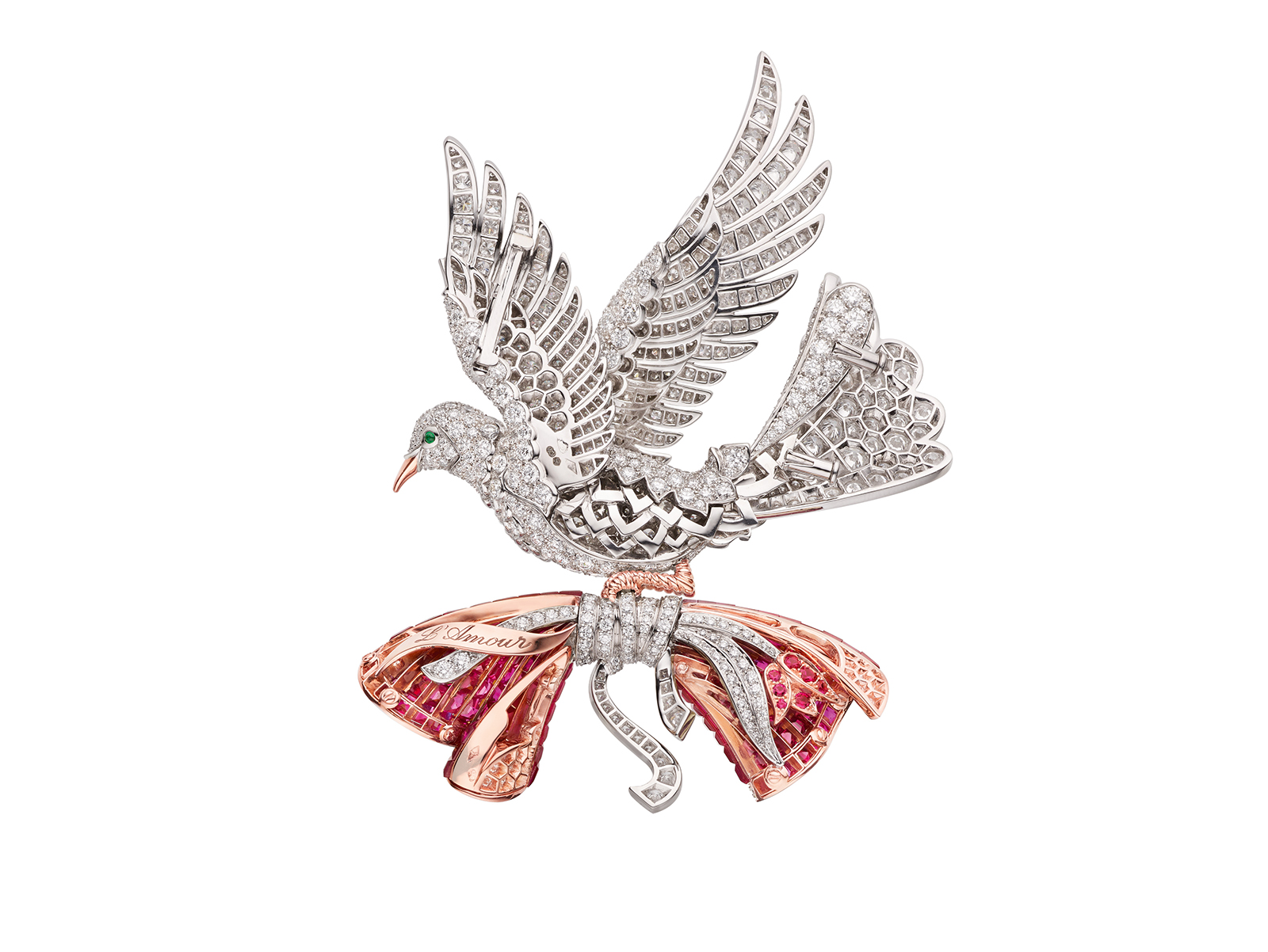  COLOMBE MYSTÉRIEUSE CLIP -  White gold, red gold, pink gold, diamonds, emeralds, rubies, Traditional Mystery Set™ rubies