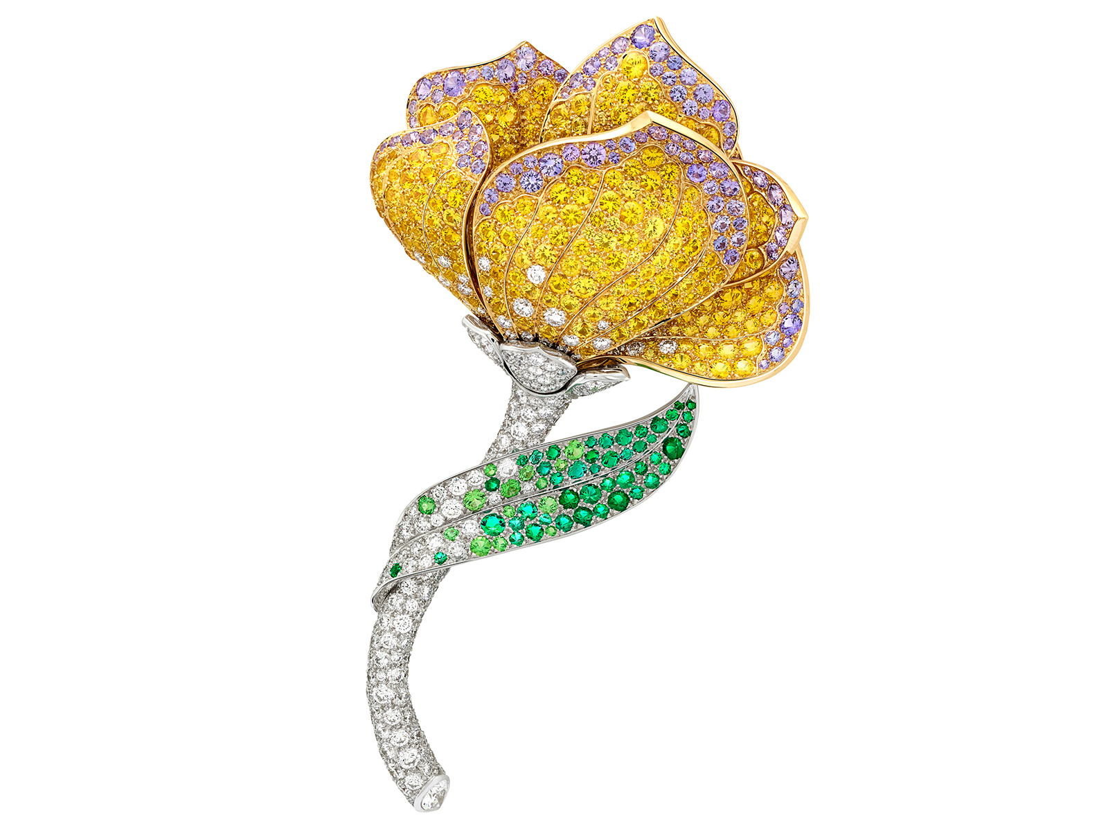  PÉTALE DE PAPILLON CLIP - Yellow gold, white gold, diamonds, yellow and mauve sapphires, emeralds, spessartite and tsavorite garnets, onyx, sugilite