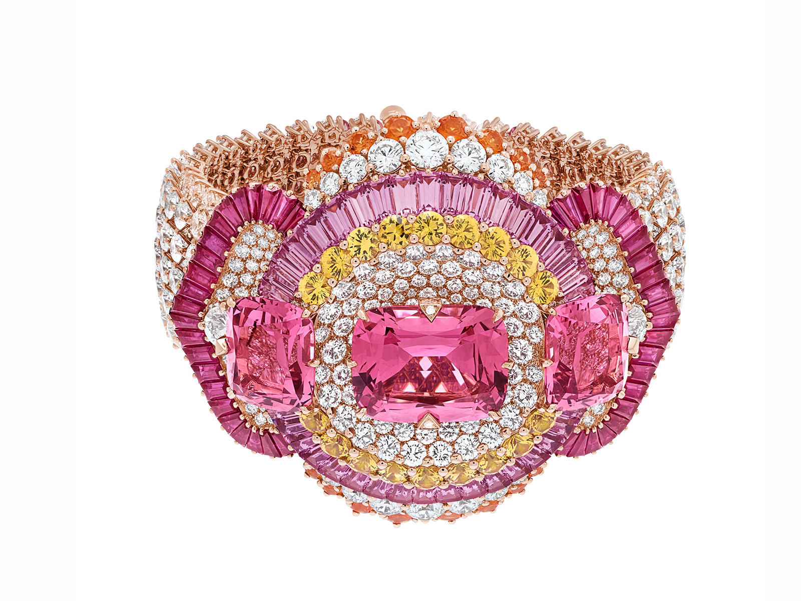  COEURS ENLACÉS BRACELET -  Pink gold, diamonds, pink and yellow sapphires, rubies, spessartite garnets, 3 cushion-cut pink spinels for a total of 31.17 carats