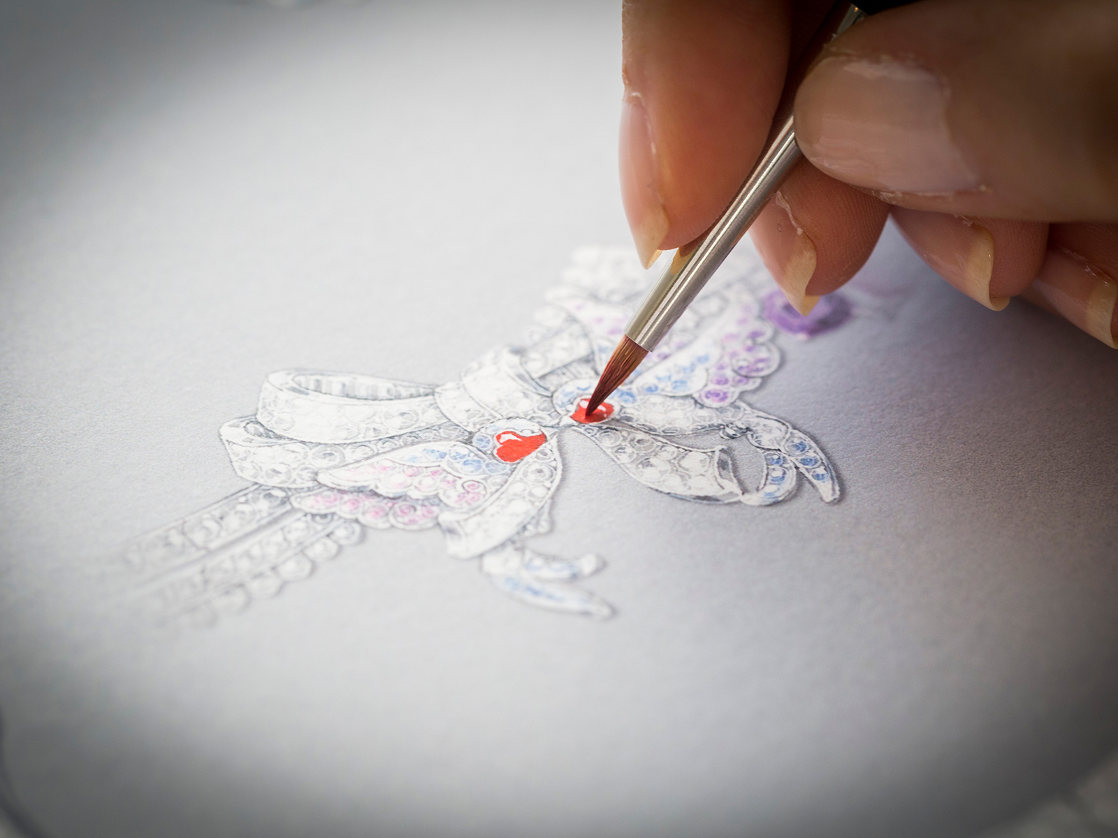  MESSAGE DES HIRONDELLES NECKLACE -  White gold, pink gold, diamonds, colored sapphires, coral, red enamel, 52 fancy-cut mauve sapphires for a total of 142.10 carats (Madagascar)