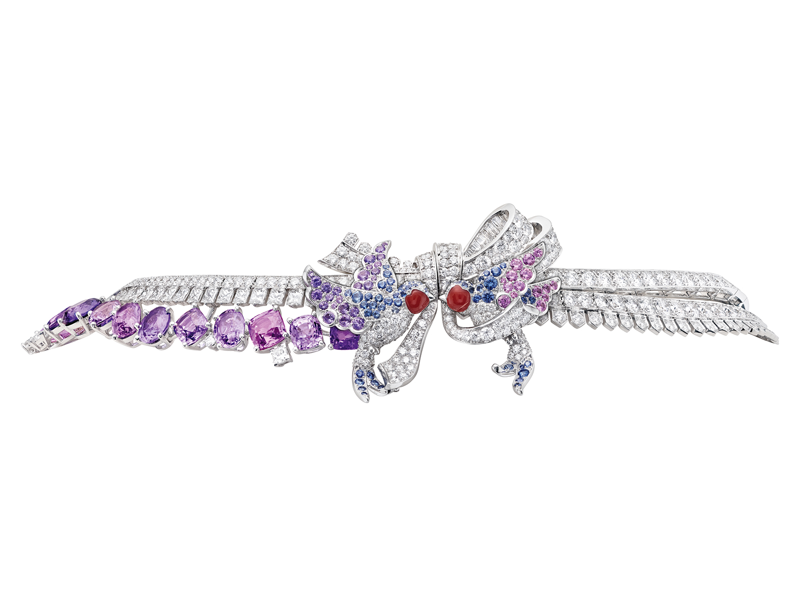  MESSAGE DES HIRONDELLES NECKLACE -  White gold, pink gold, diamonds, colored sapphires, coral, red enamel, 52 fancy-cut mauve sapphires for a total of 142.10 carats (Madagascar)