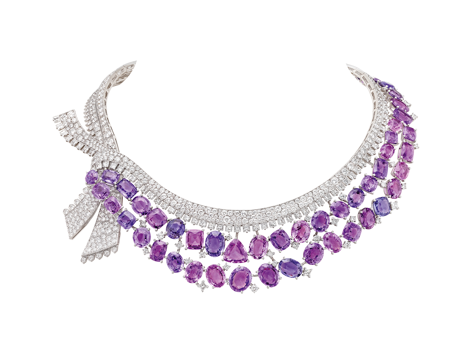  MESSAGE DES HIRONDELLES NECKLACE -  White gold, pink gold, diamonds, colored sapphires, coral, red enamel, 52 fancy-cut mauve sapphires for a total of 142.10 carats (Madagascar)