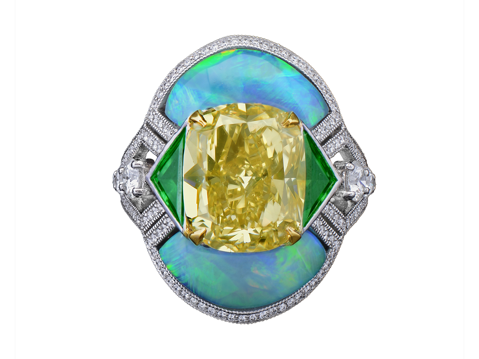 Morelle Davidson ring with a 6.65 cts cushion cut yellow diamond, opals and deep apple green triangular-cut tsavorite garnets